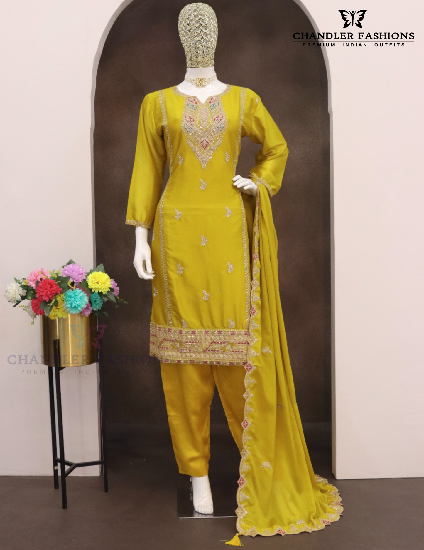 Yellow Color Chinon Silk With Embroidery And Sequins Work Palazzo Suit Near Me