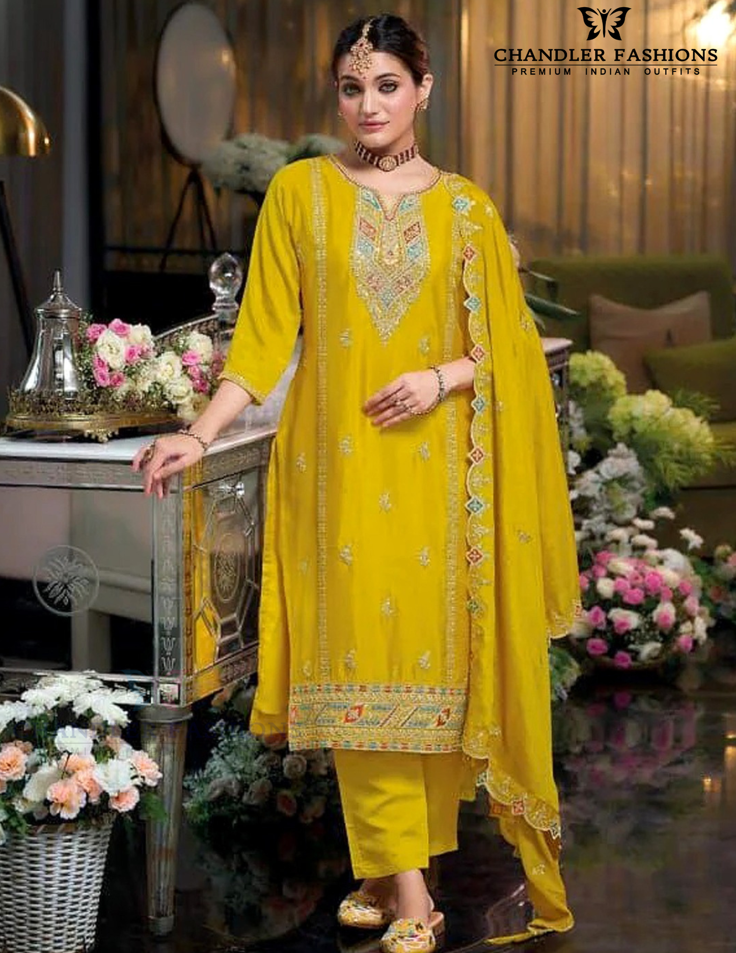 Pretty Yellow Color Chinon Silk With Embroidery And Sequins Work Palazzo Suit For Women