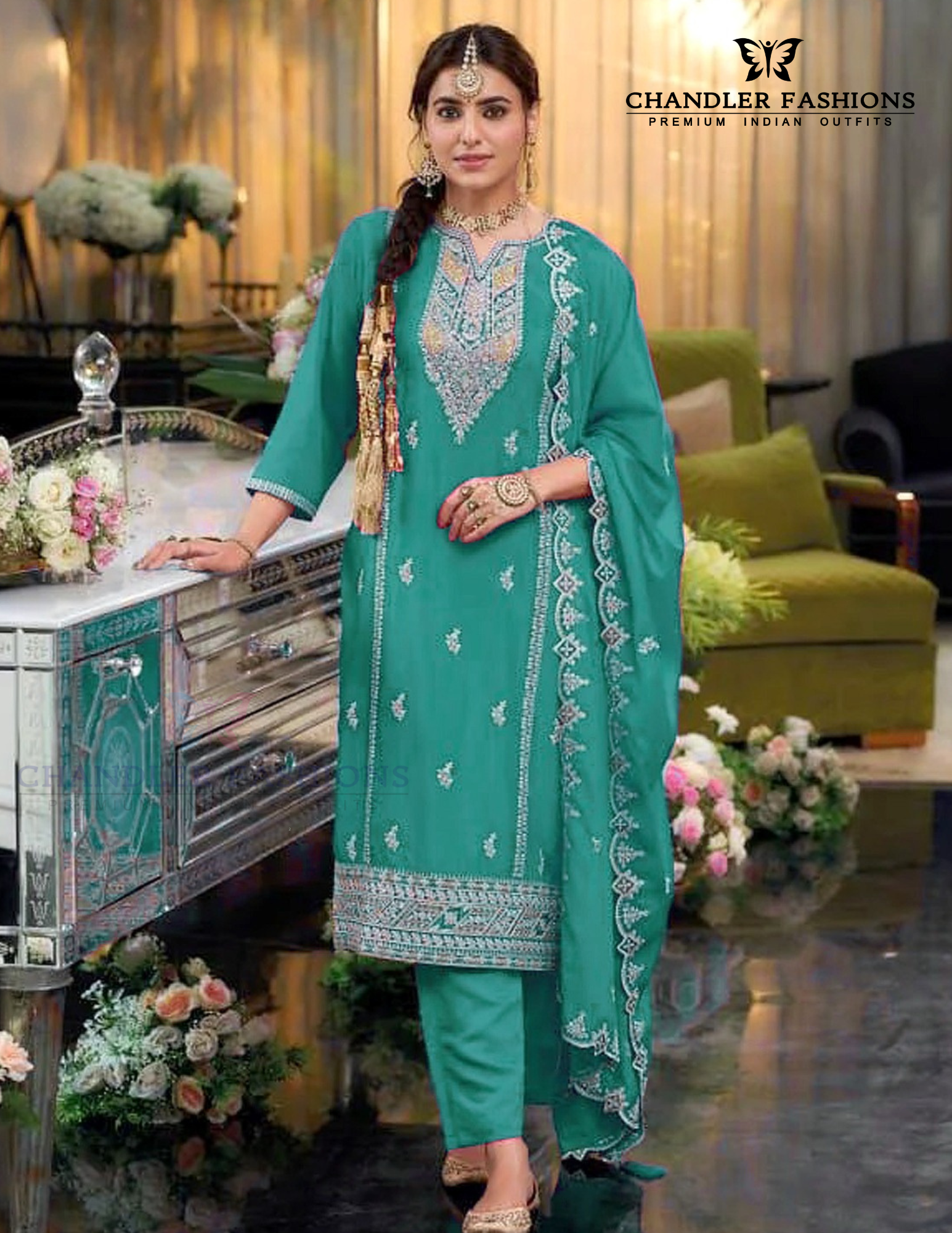 Stunning Teal Green Color Chinon Silk With Embroidery And Sequins Work Palazzo Suit For Women