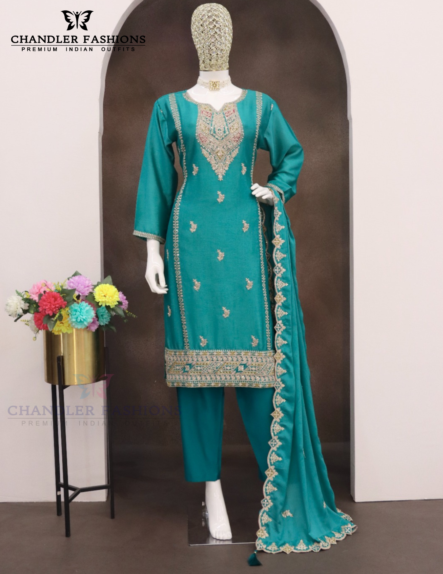 Teal Green Color Chinon Silk With Embroidery And Sequins Work Palazzo Suit Near Me