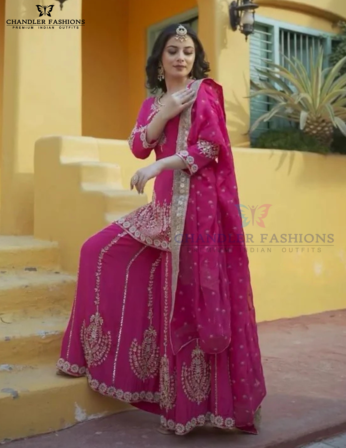 Attractive Rani Pink Color Chinon Silk With Embroidery And Sequins Work Sharara Suits