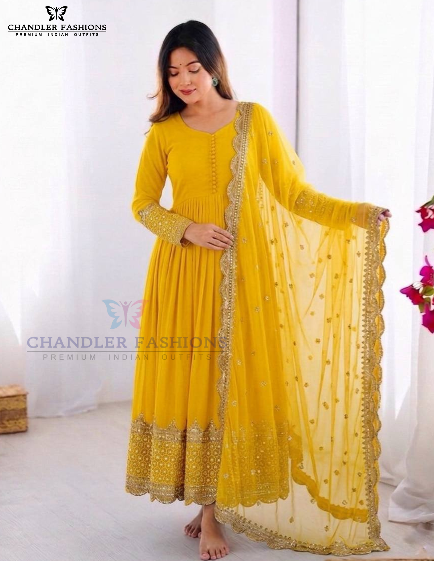 Yellow Color Georgette With Embroidery And Sequins Work Long Gown Near Me
