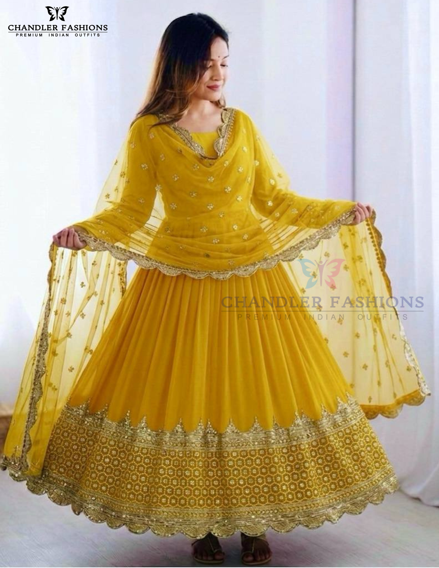 Fabulous Yellow Color Georgette With Embroidery And Sequins Work Long Gown With Dupatta