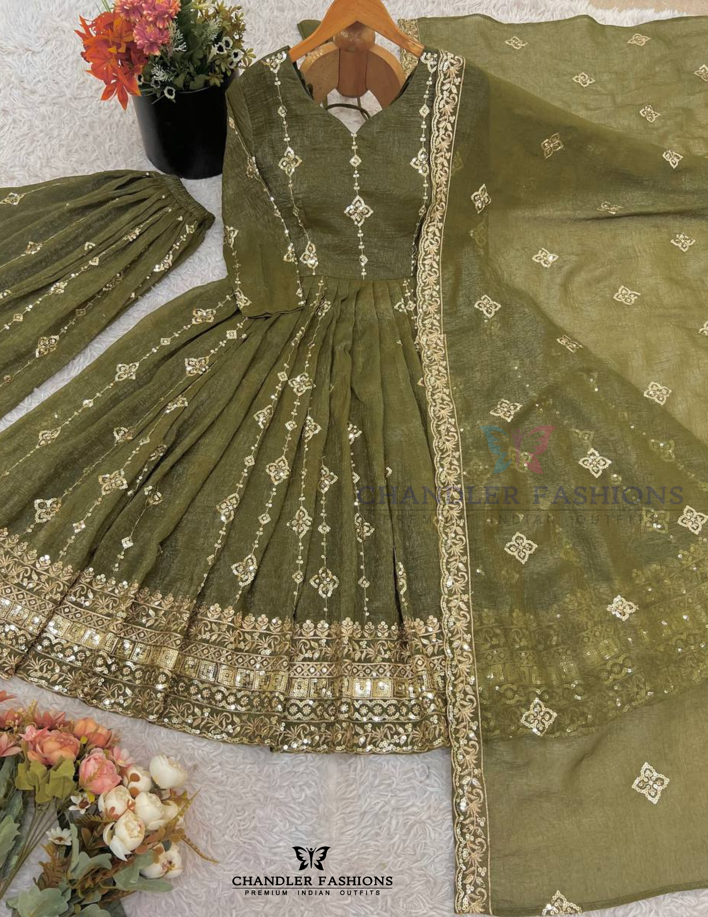 Mehendi Green Color Crunchy Silk Anarkali Suits In Phoenix