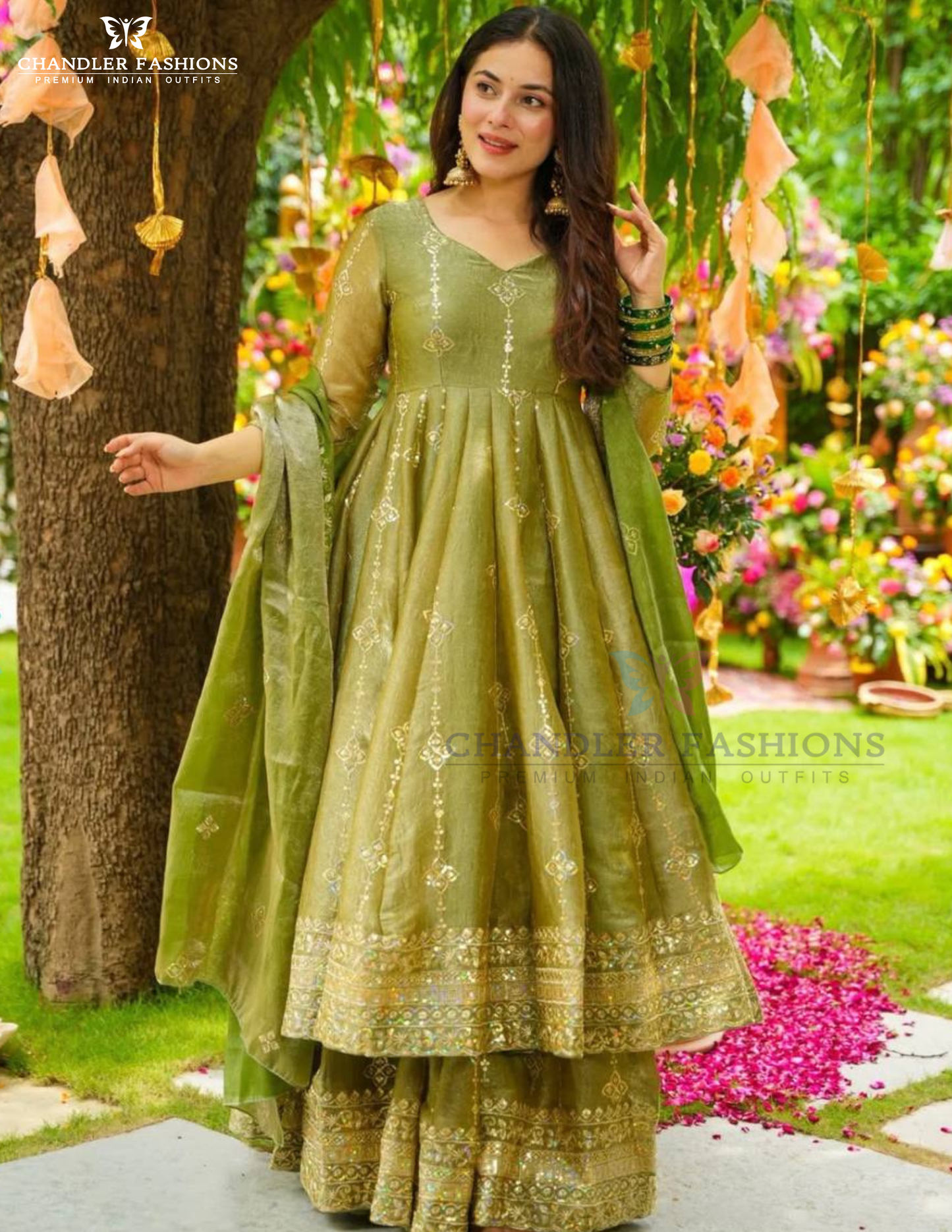 Mehendi Green Color Embroidery And Sequins Work Anarkali Suits In Surprise