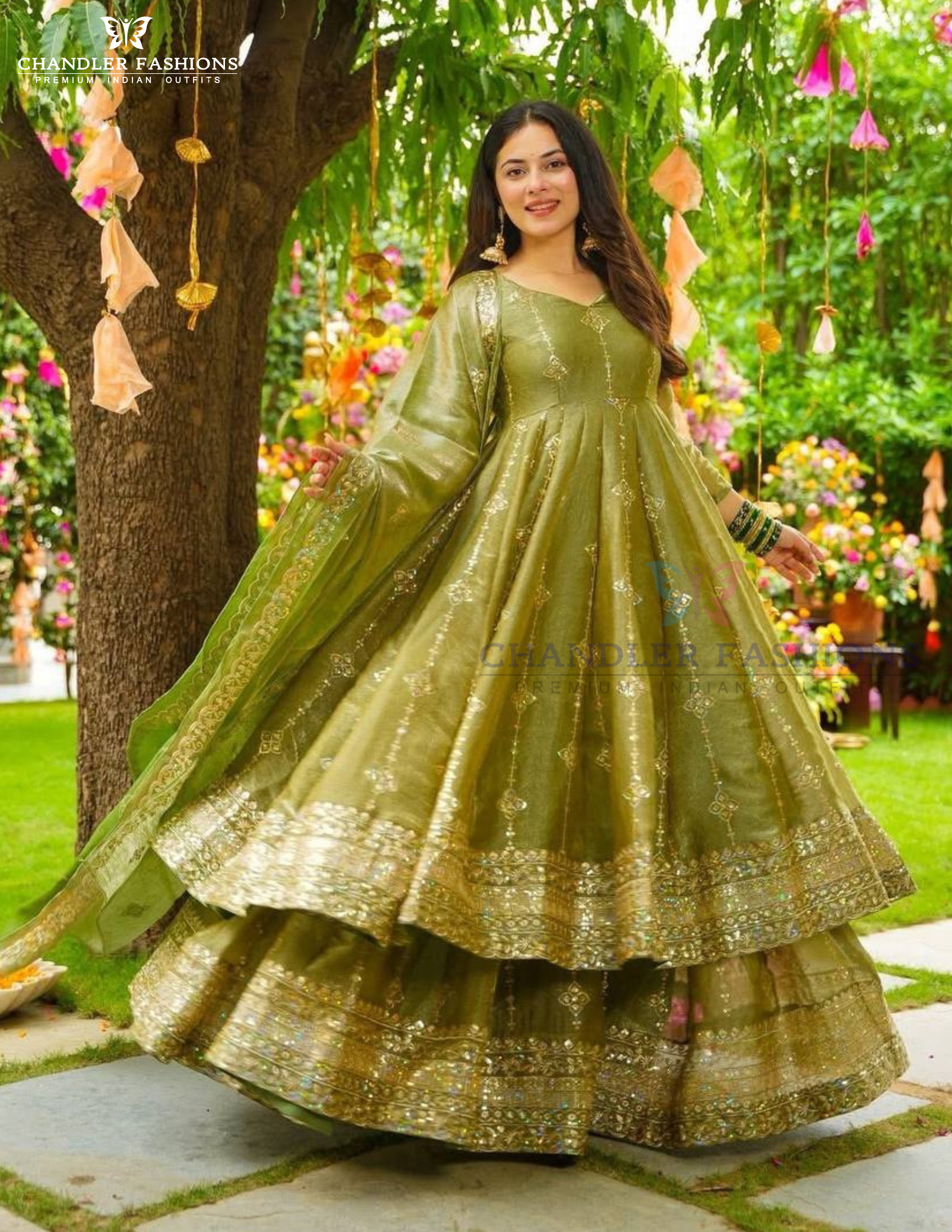 Beautiful Mehendi Green Color Crunchy Silk With Embroidery And Sequins Work Anarkali Suits