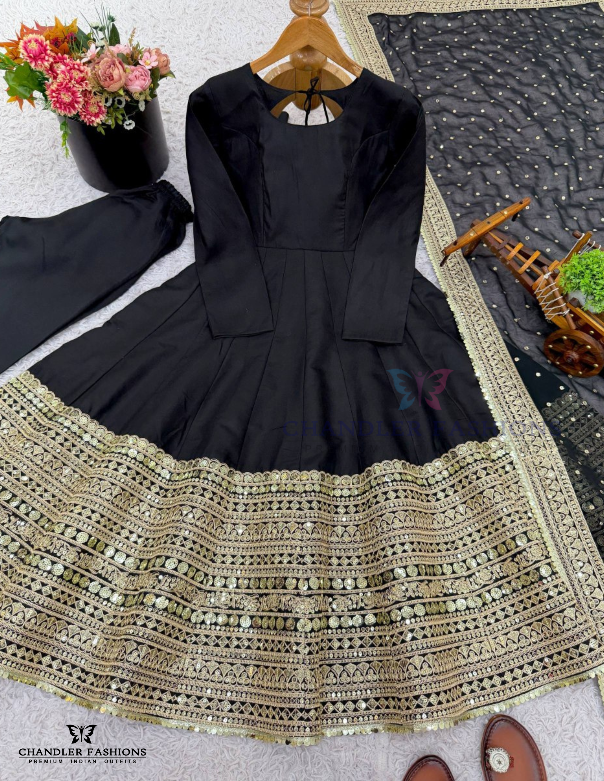 Black Color Roman Silk Sequins Work Anarkali Suits Near Me