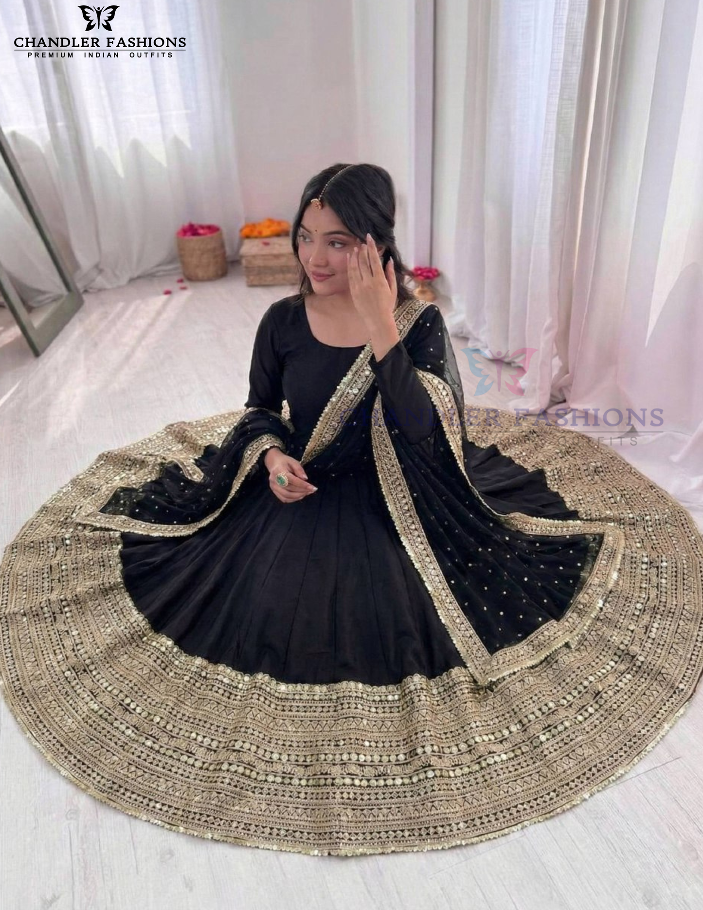 Black Color Roman Silk Sequins Work Anarkali Suits With Dupatta Near Me
