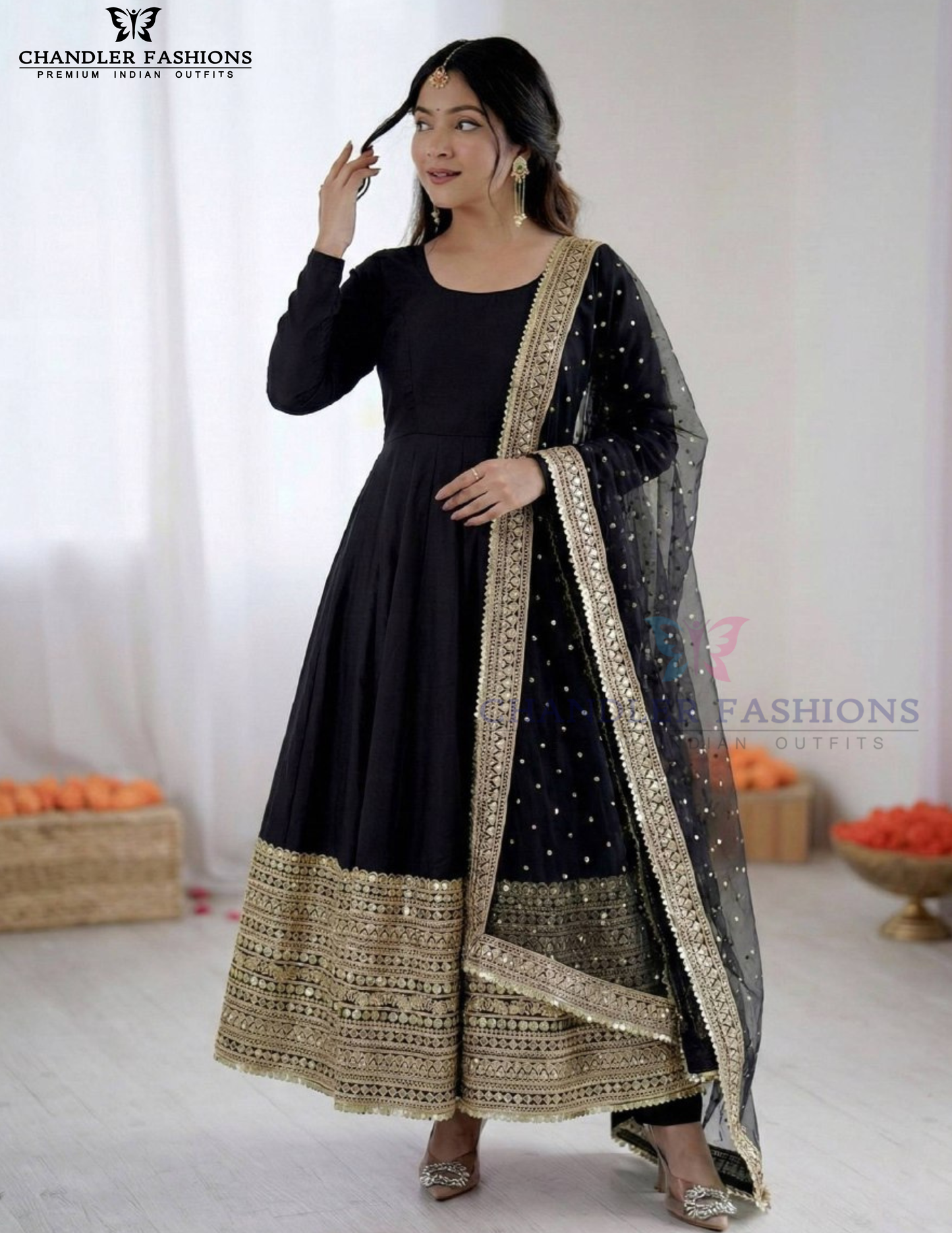 Attractive Black Color Roman Silk Sequins Work Anarkali Suits With Dupatta For Women