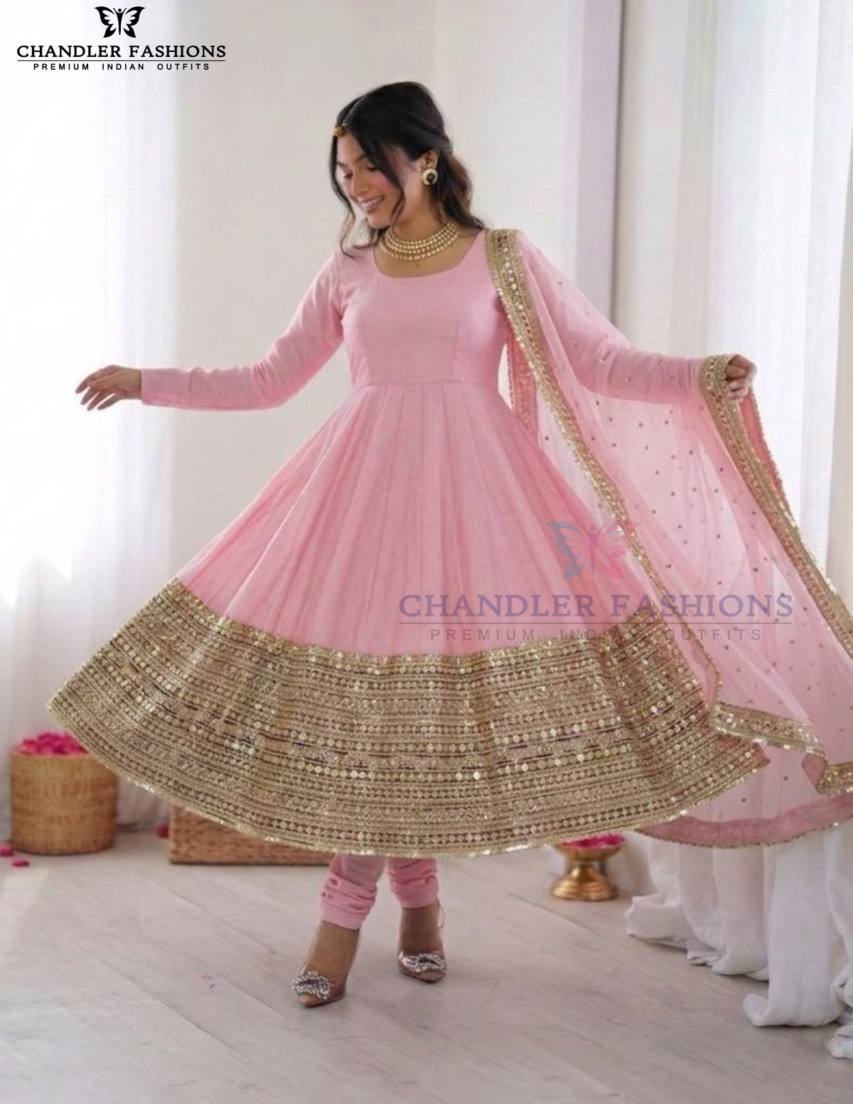 Light Pink Color Roman Silk Sequins Work Anarkali Suits In USA