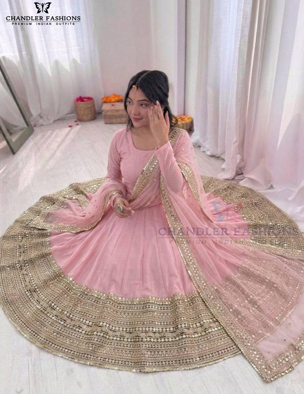 Light Pink Color Roman Silk Sequins Work Anarkali Suits With Dupatta Near Me