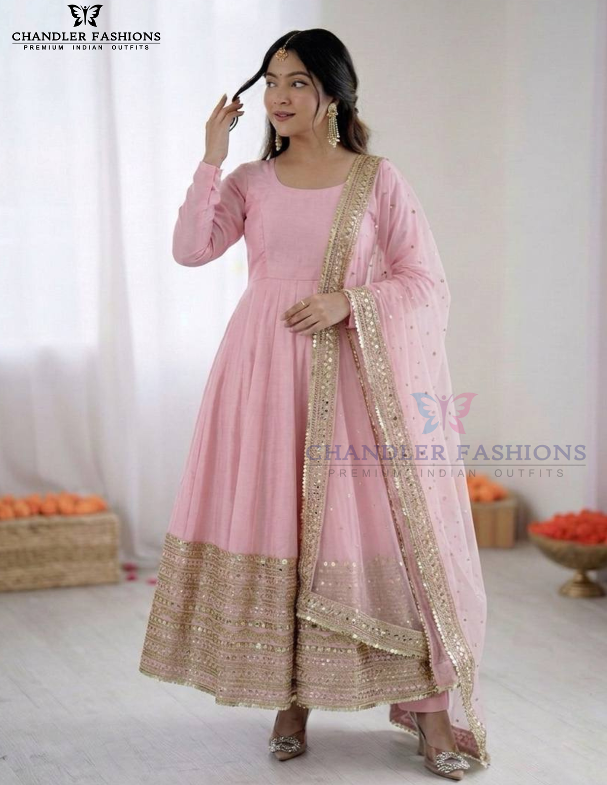 Dazzling Light Pink Color Roman Silk Sequins Work Anarkali Suits With Dupatta