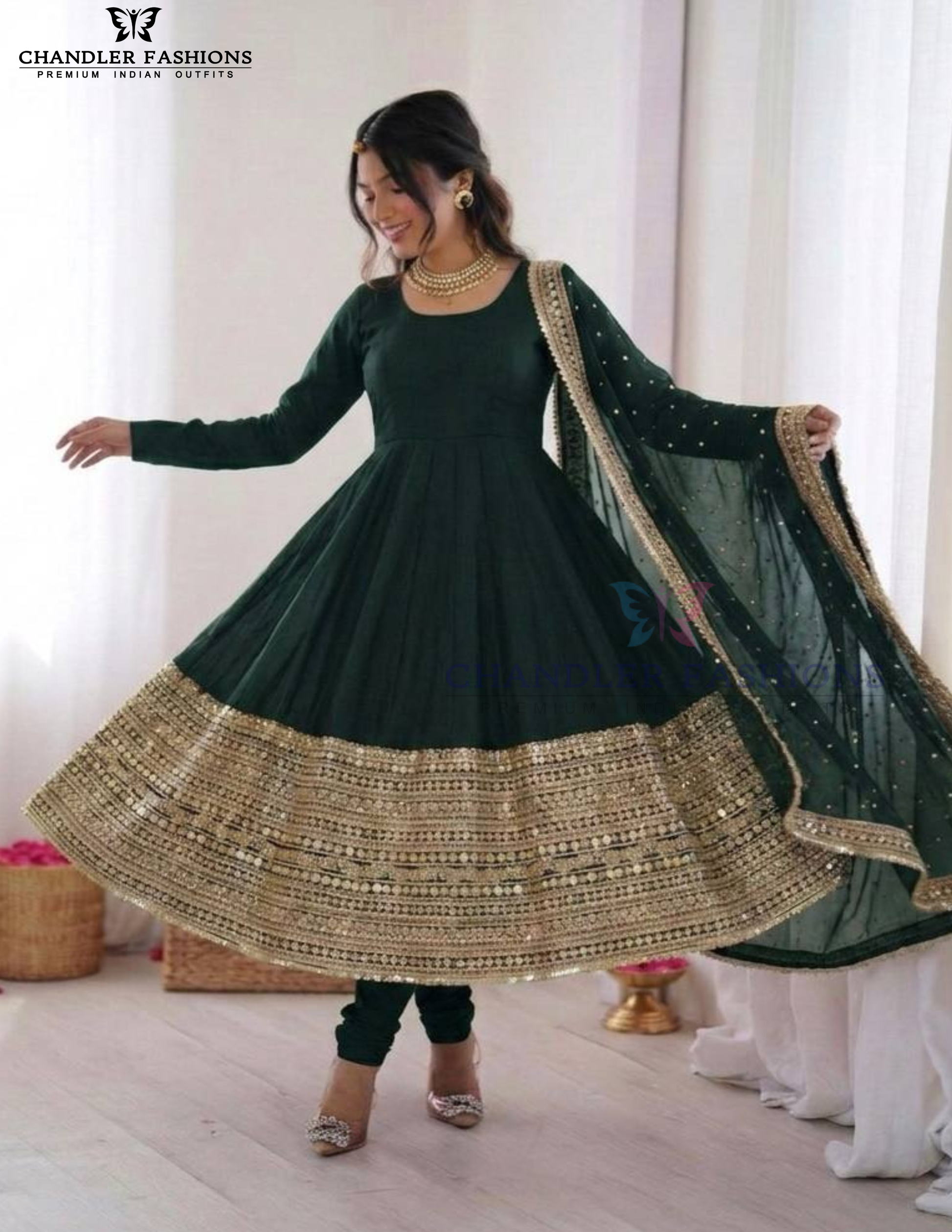 Dark Green Color Roman Silk Sequins Work Anarkali Suits In USA