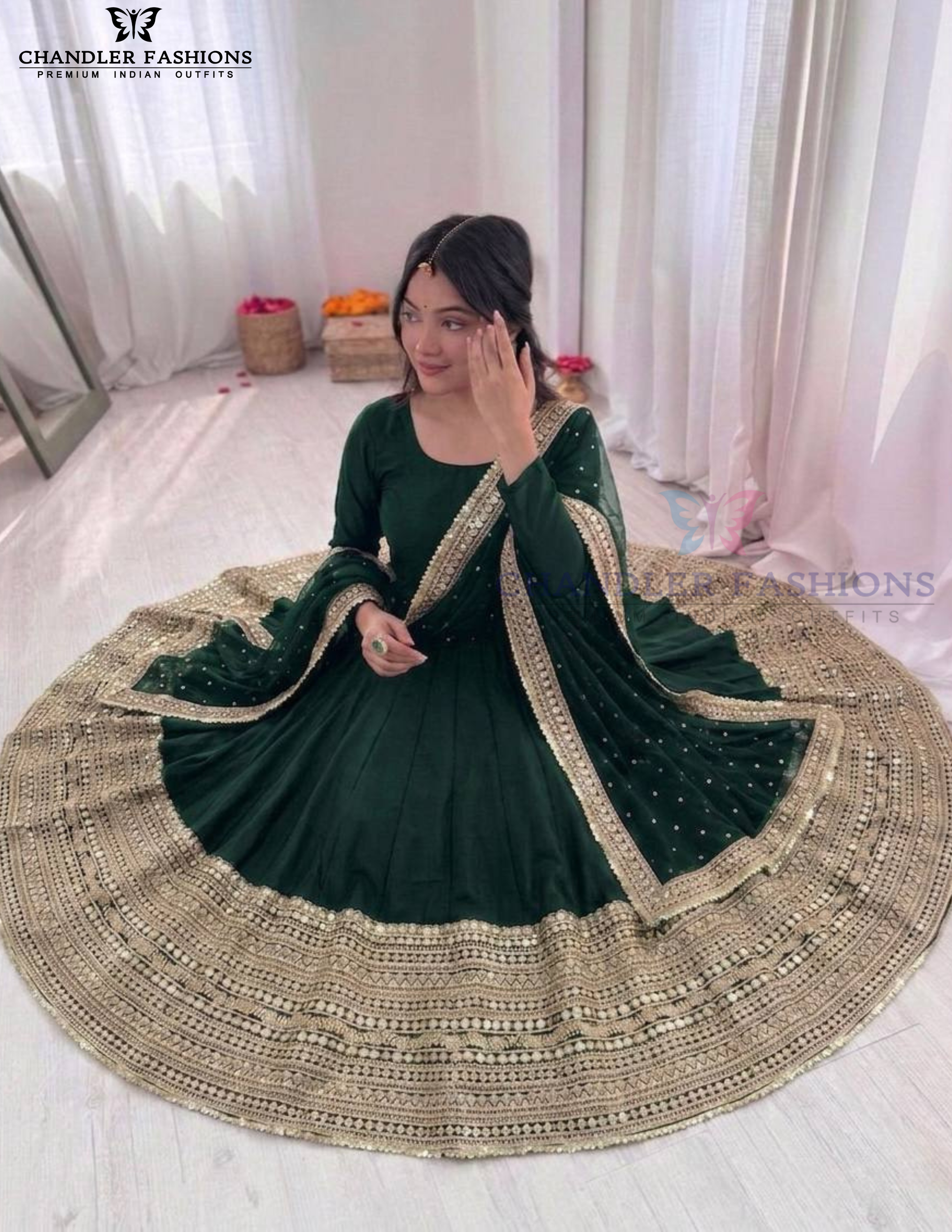 Dark Green Color Roman Silk Sequins Work Anarkali Suits With Dupatta Near Me