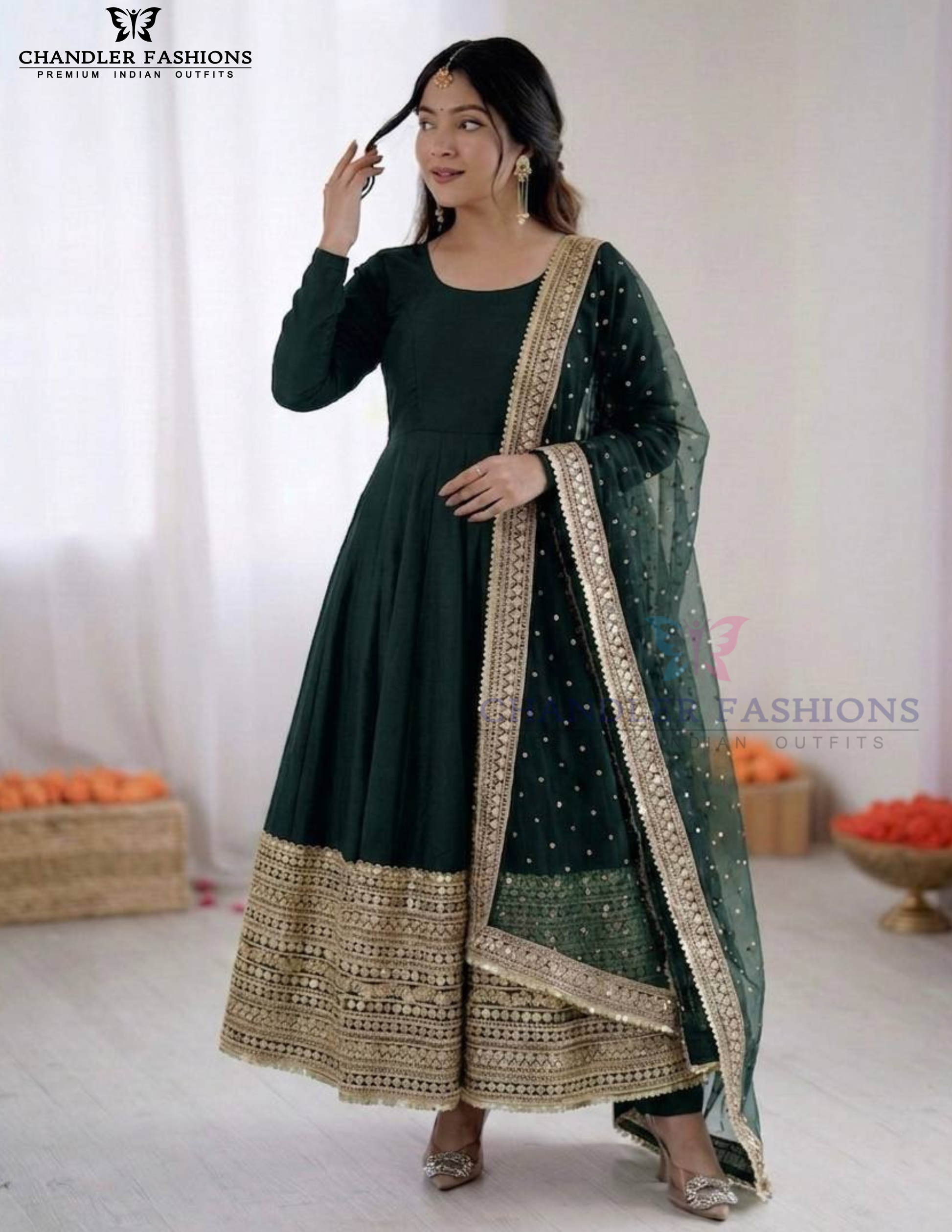 Alluring Dark Green Color Roman Silk Sequins Work Anarkali Suits With Dupatta