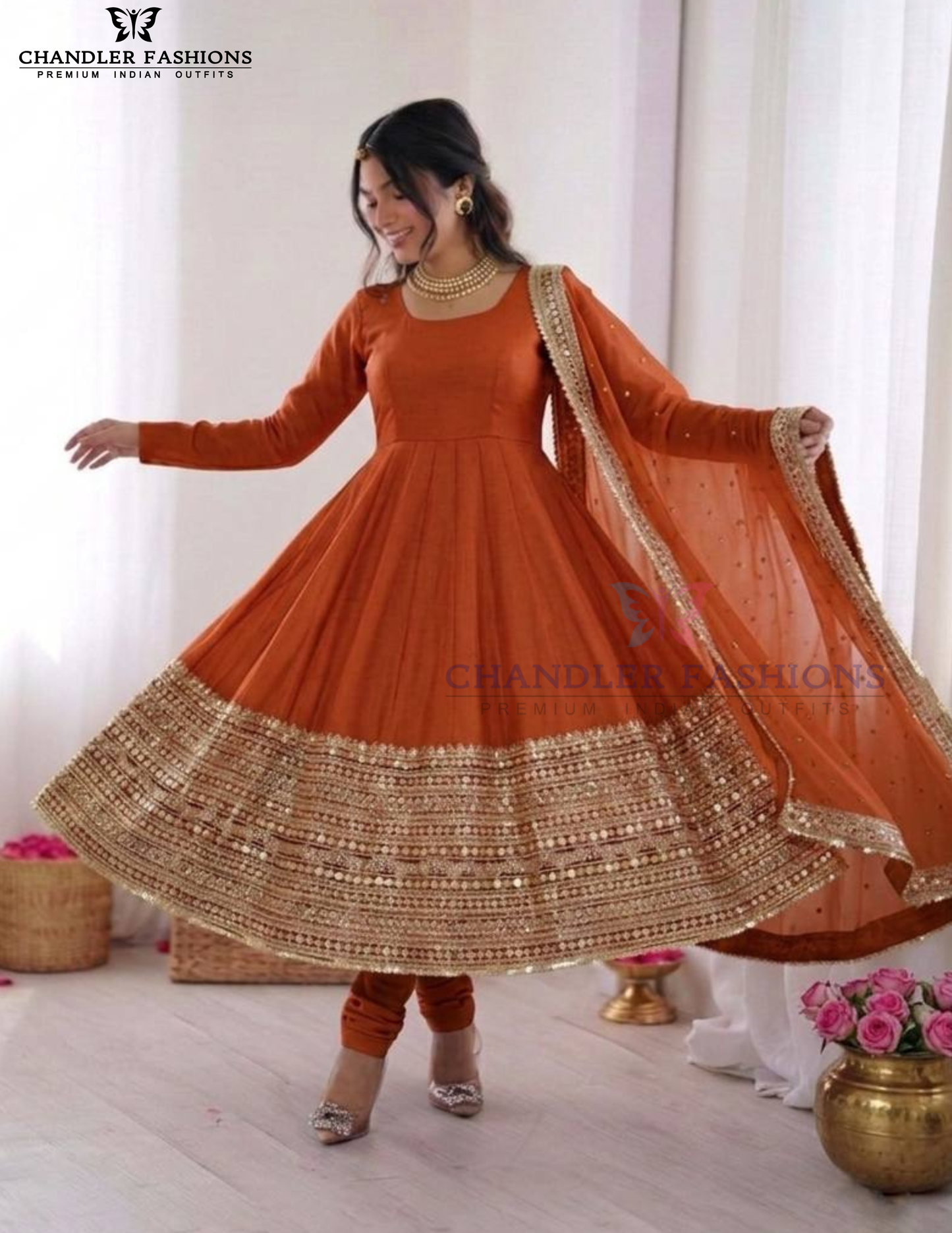 Pumpkin Orange Color Roman Silk Sequins Work Anarkali Suits In USA