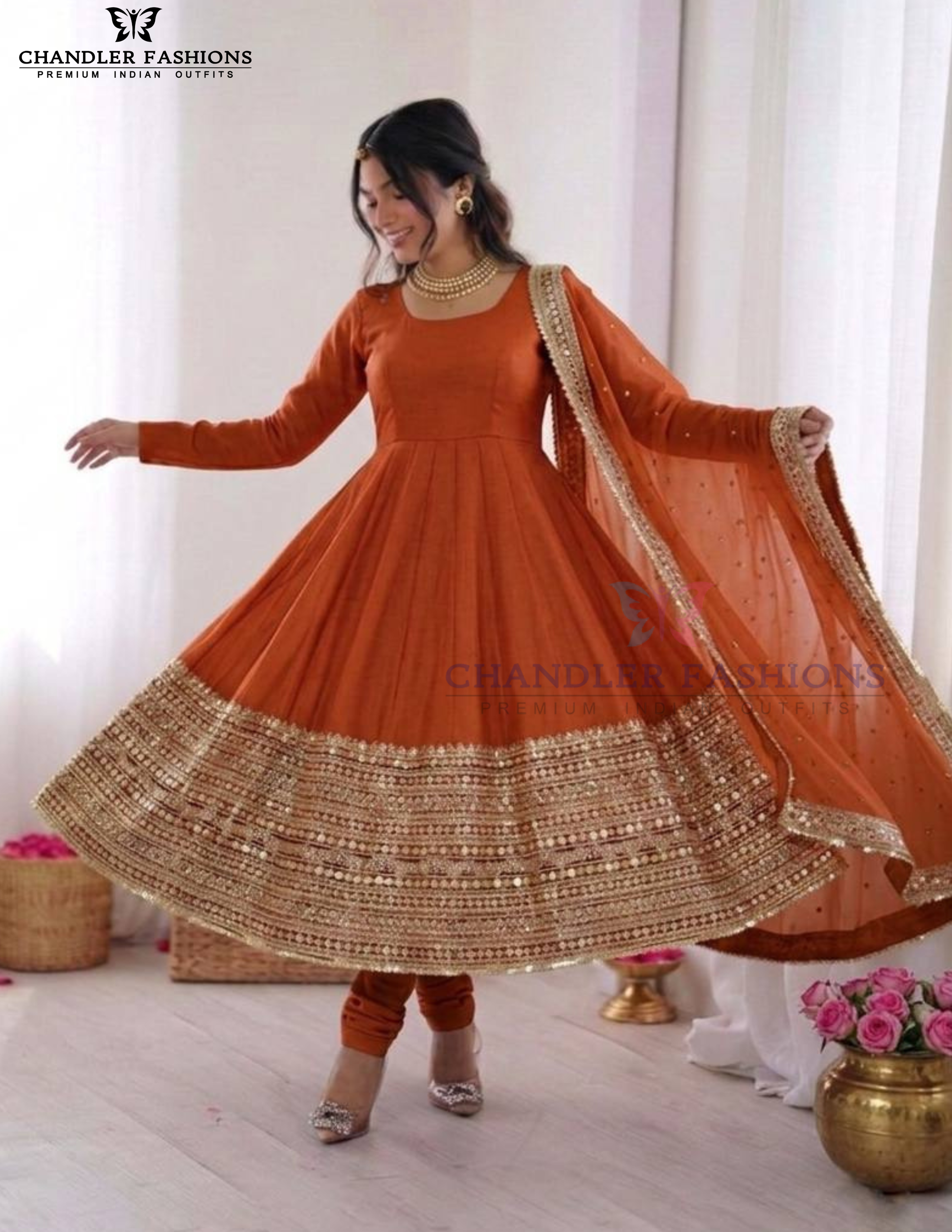 Pumpkin Orange Color Roman Silk Sequins Work Anarkali Suits In USA