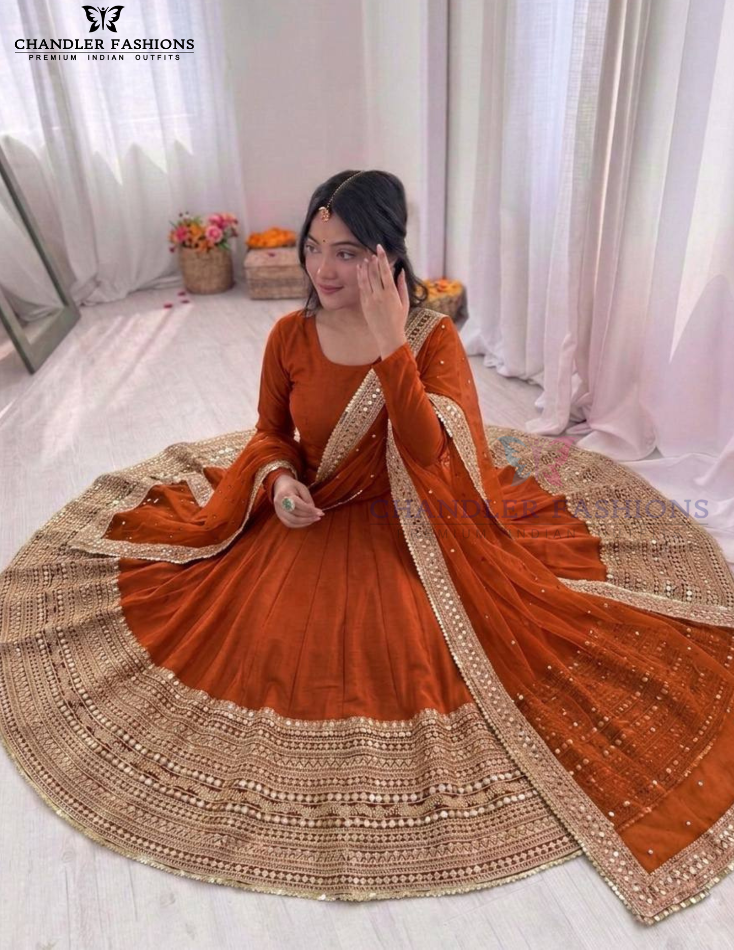 Pumpkin Orange Color Roman Silk Sequins Work Anarkali Suits Near Me