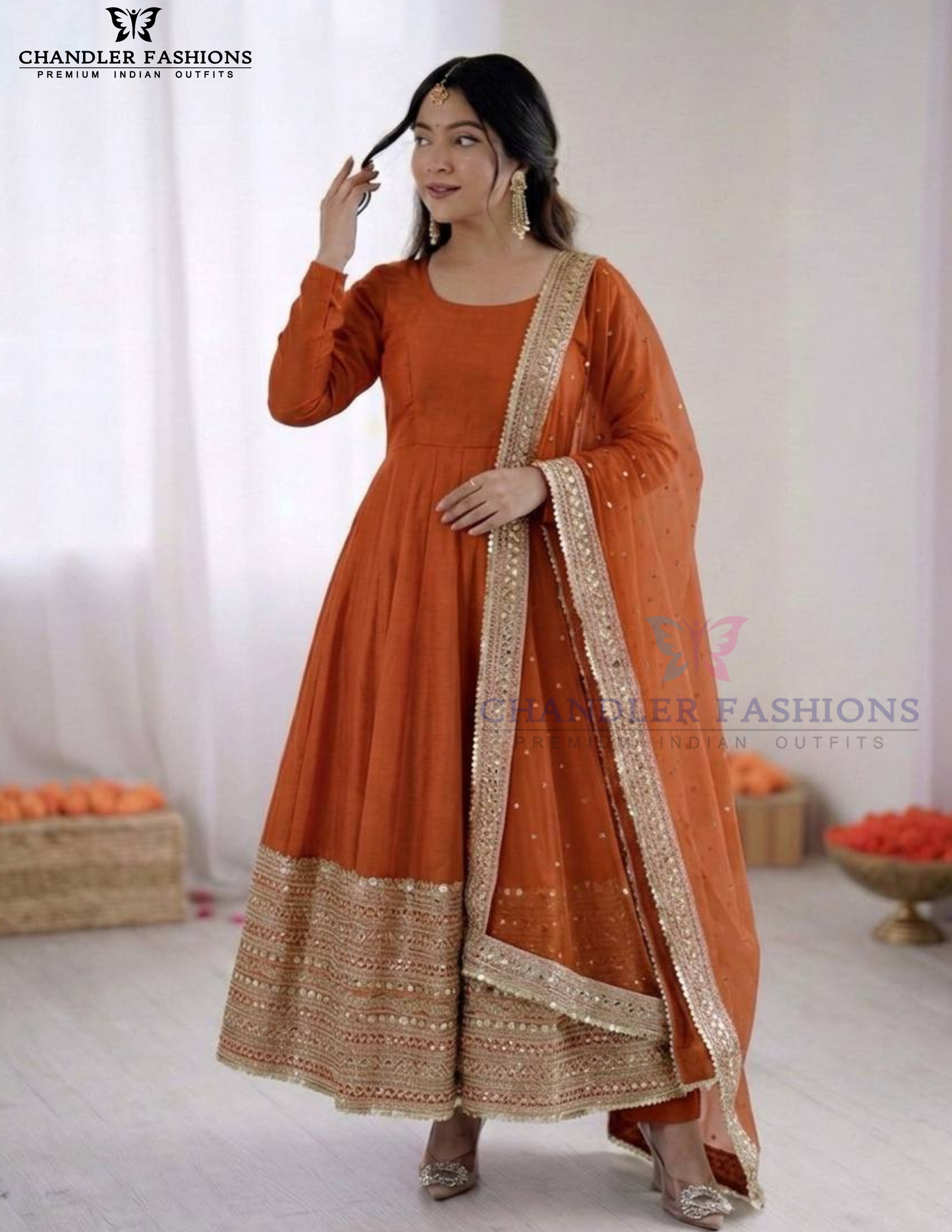 Elegant Pumpkin Orange Color Roman Silk Sequins Work Anarkali Suits With Dupatta
