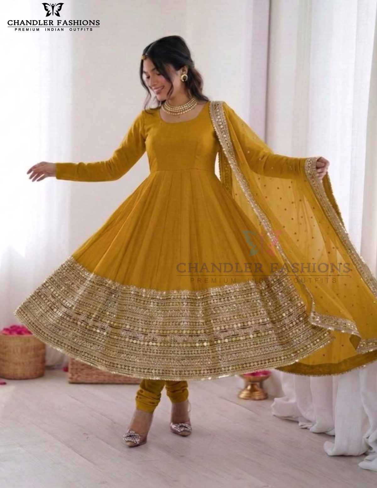 Mustard Yellow Color Roman Silk Sequins Work Anarkali Suits In USA
