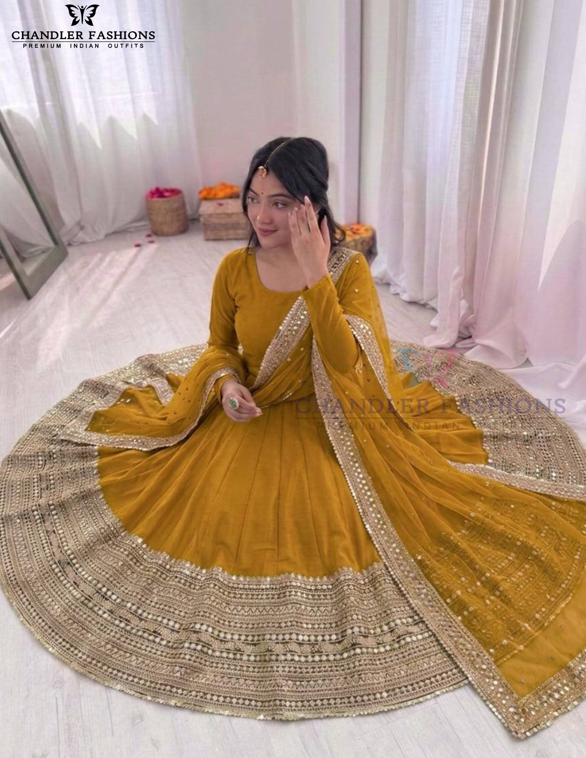 Mustard Yellow Color Roman Silk Sequins Work Anarkali Suits Near Me