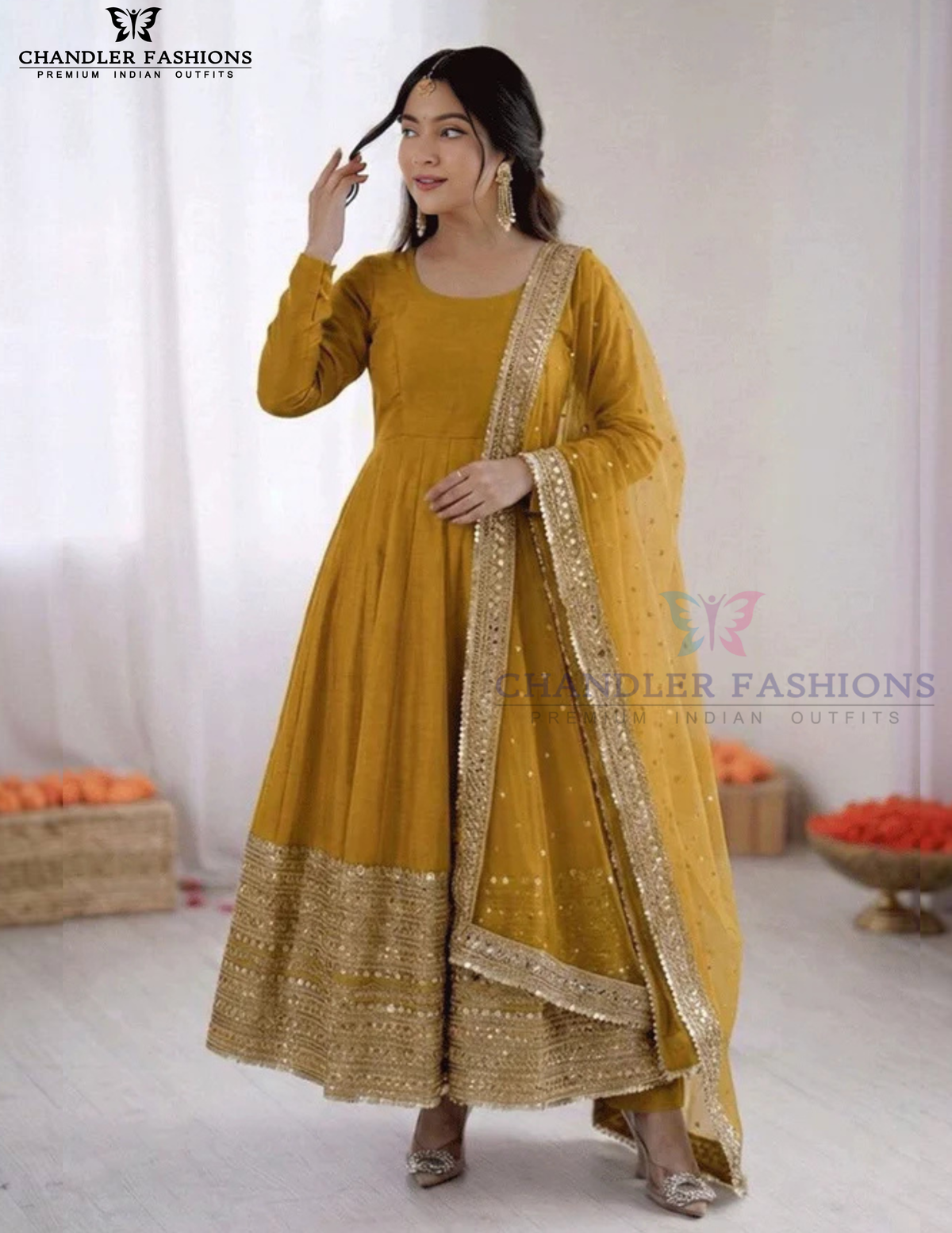 Stunning Mustard Yellow Color Roman Silk Sequins Work Anarkali Suits With Dupatta