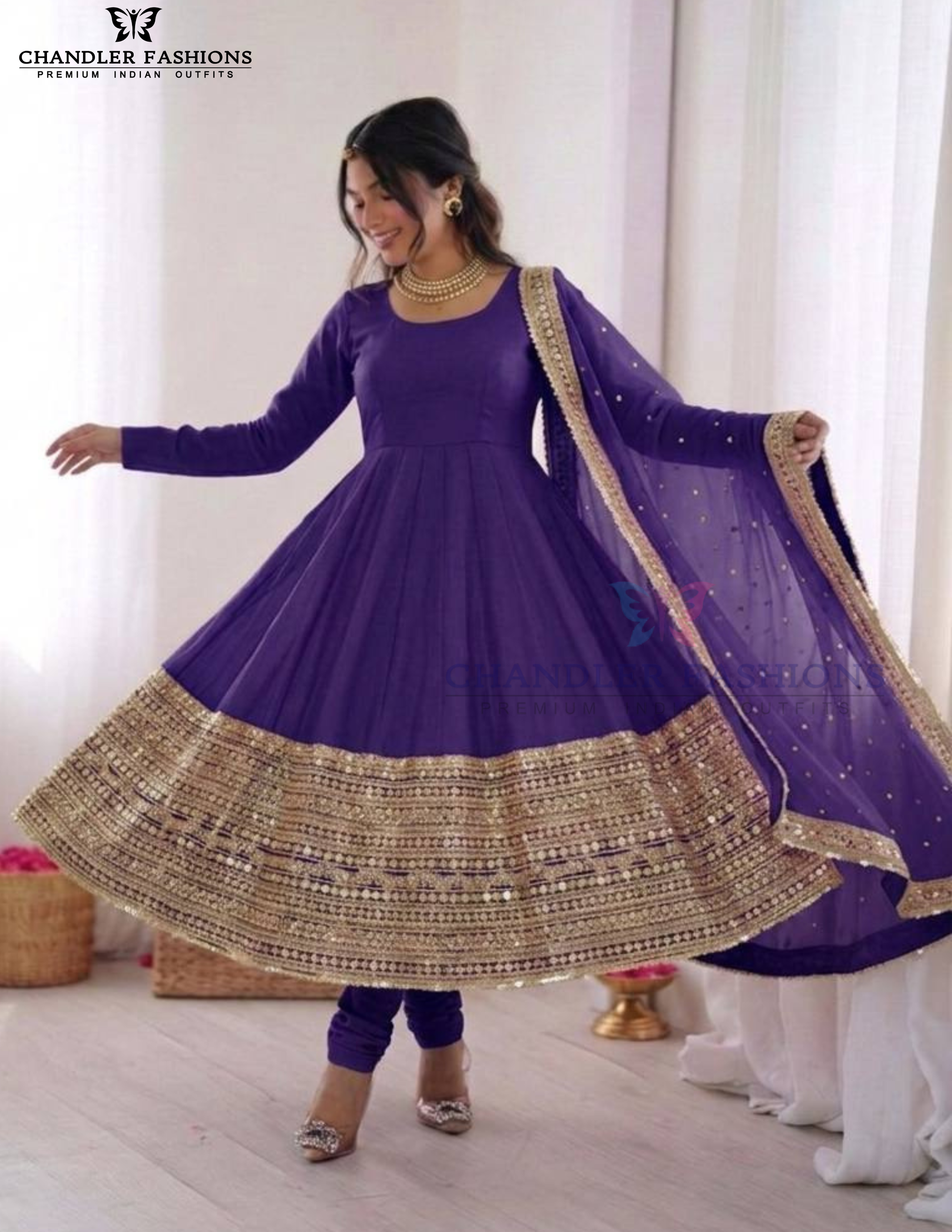 Purple Color Roman Silk Sequins Work Anarkali Suits In USA