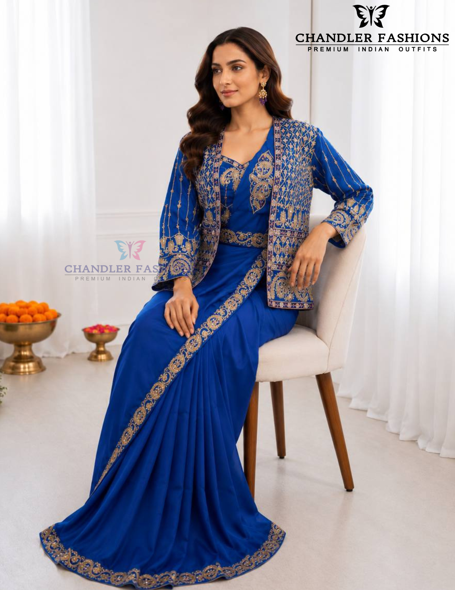 Royal Blue Color Embroidery Work Ready To Wear Saree In USA