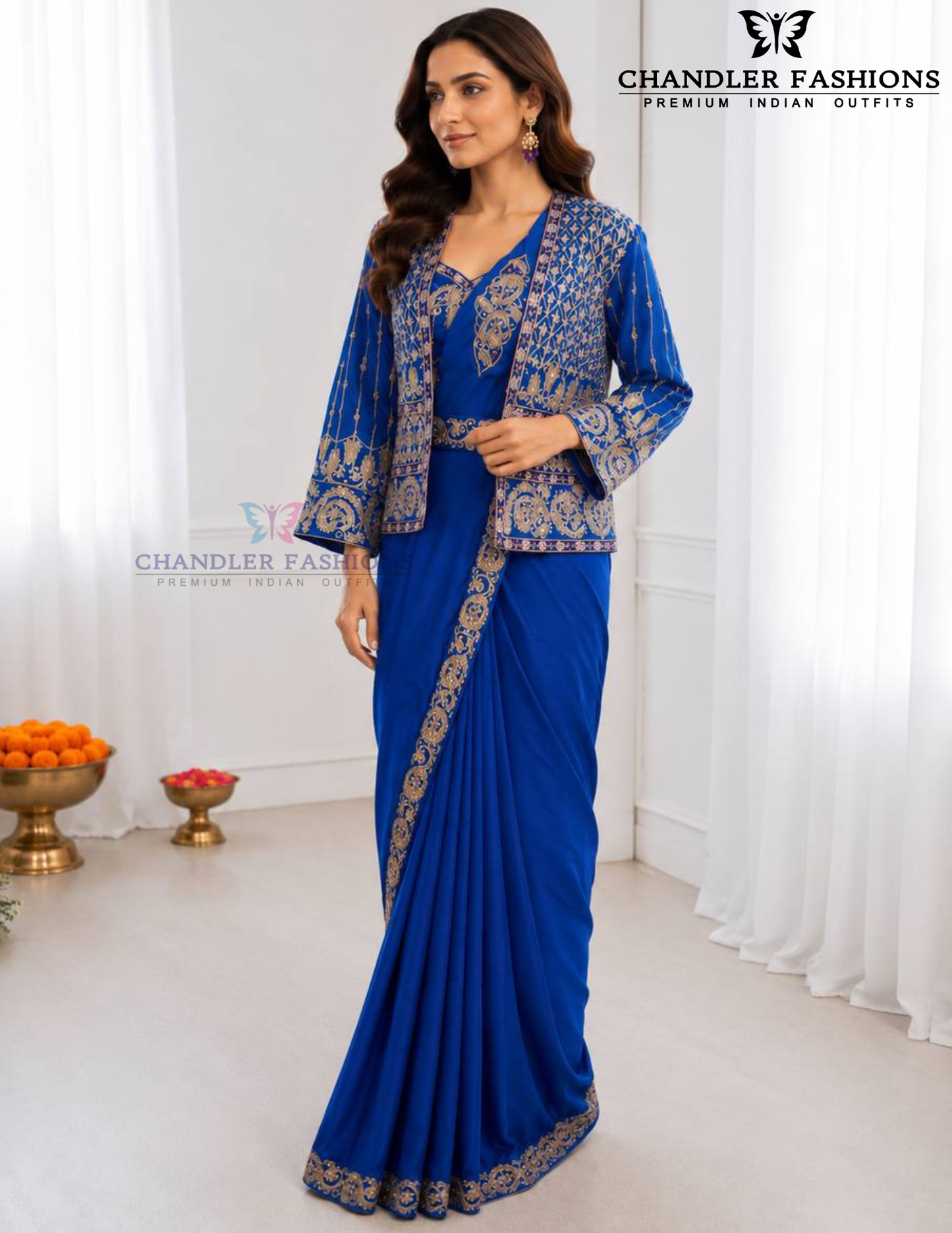 Amazing Royal Blue Color Embroidery Work Ready To Wear Saree Near Me