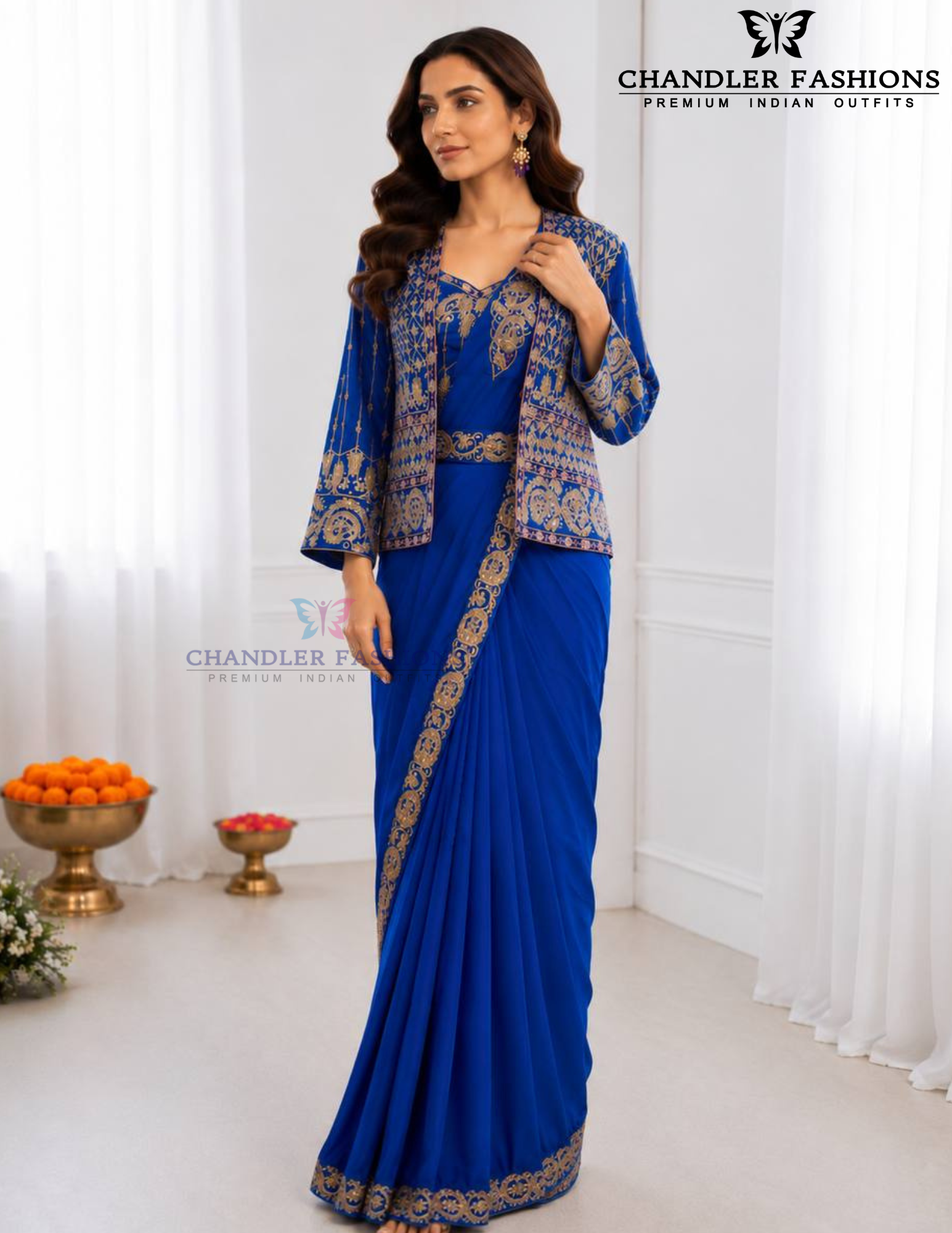 Amazing Royal Blue Color Embroidery Work Ready To Wear Saree For Women 
