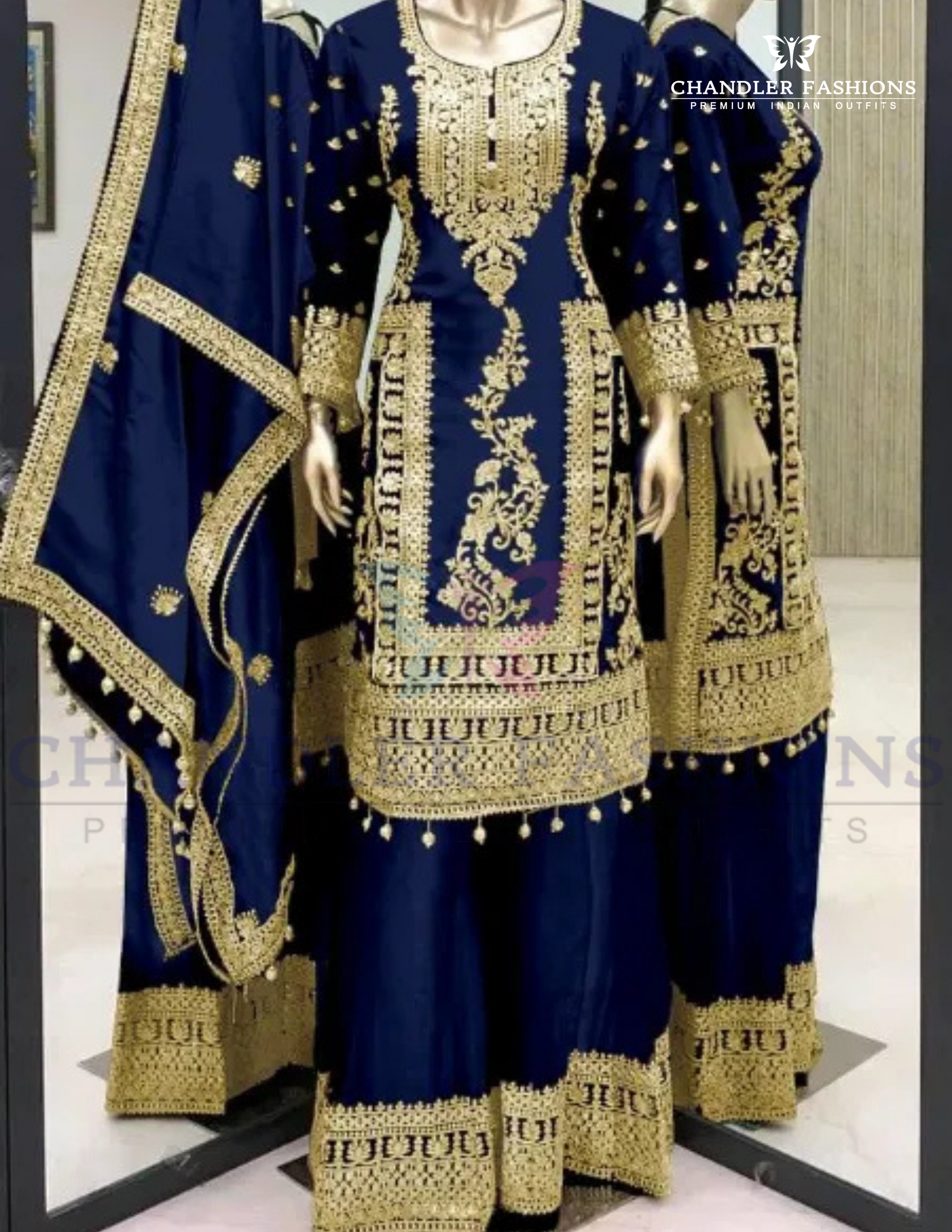 Charming Royal Blue Color Pure Chinon Embroidery And Dori Sequins Work Palazzo Suits Near Me