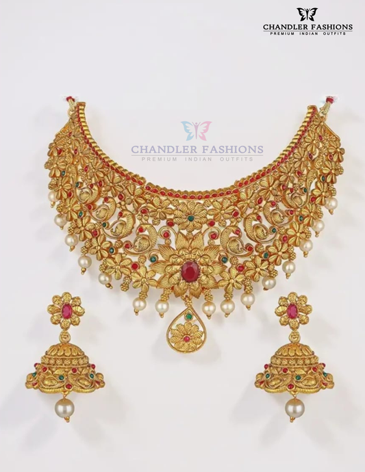 Exquisite Red And Green Color Stone Designed Gold Plated Choker With Earrings Set With Beads