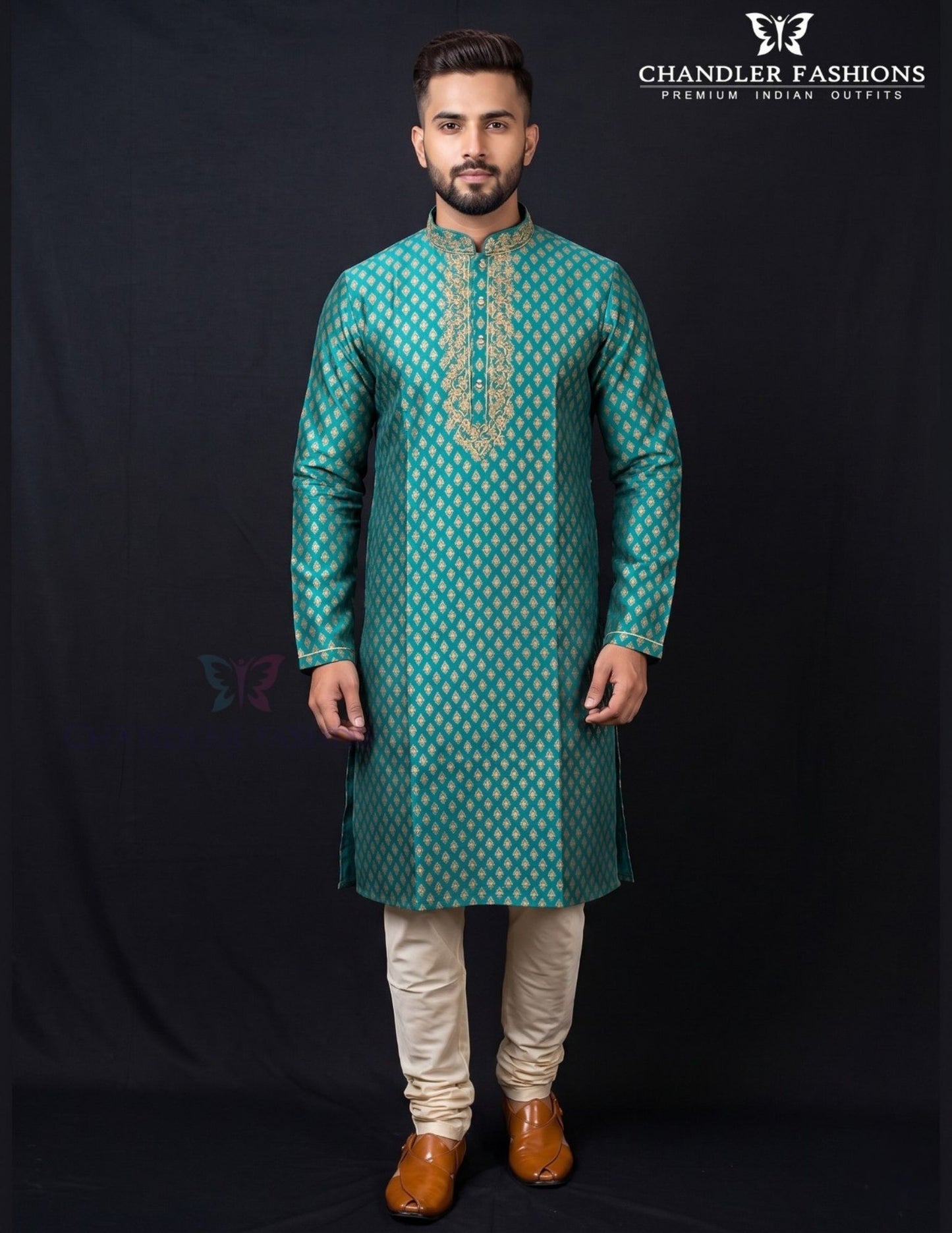 Attractive Teal Green Color Raw Silk Designer Men's Kurta With Pajama Pant