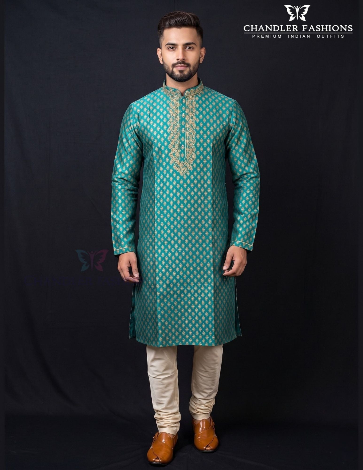 Attractive Teal Green Color Raw Silk Designer Men's Kurta With Pajama Pant