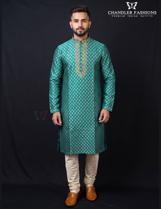 Attractive Teal Green Color Raw Silk Designer Men's Kurta With Pajama Pant