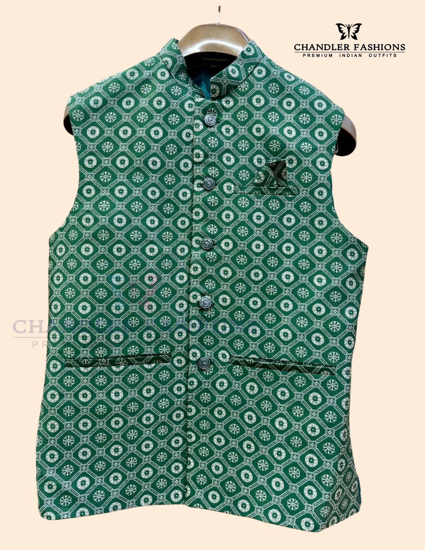 Amazing Dark Green Colored Jacquard Designer Men's Koti Jacket