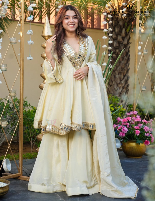 Elegant Cream Color Soft Chinon With Embroidery Thread And Orignal Mirror Work&nbsp; Sharara Suit For Women