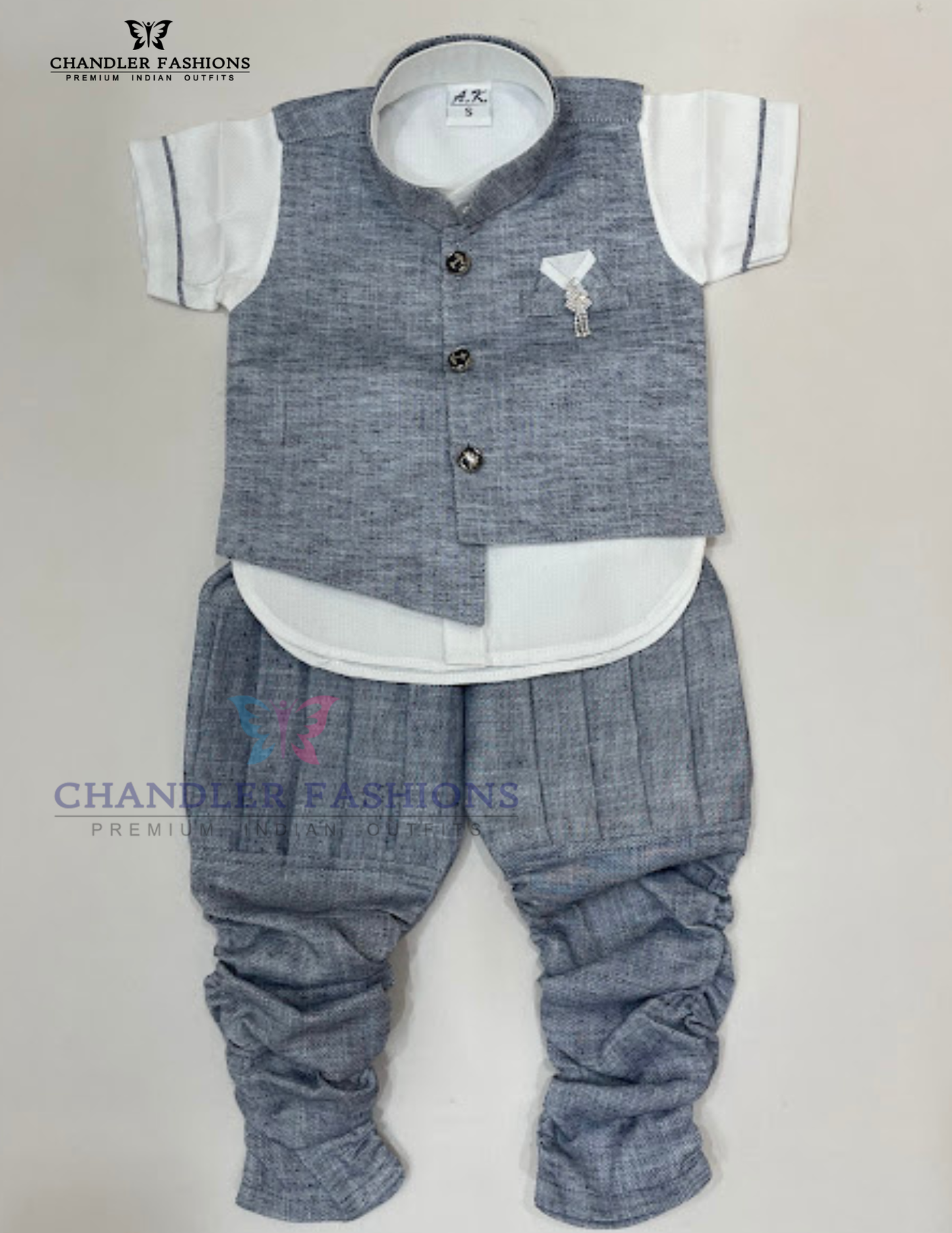 Beautiful Gray Color Cotton Sherwani Suits With Brooch Pin For Boys