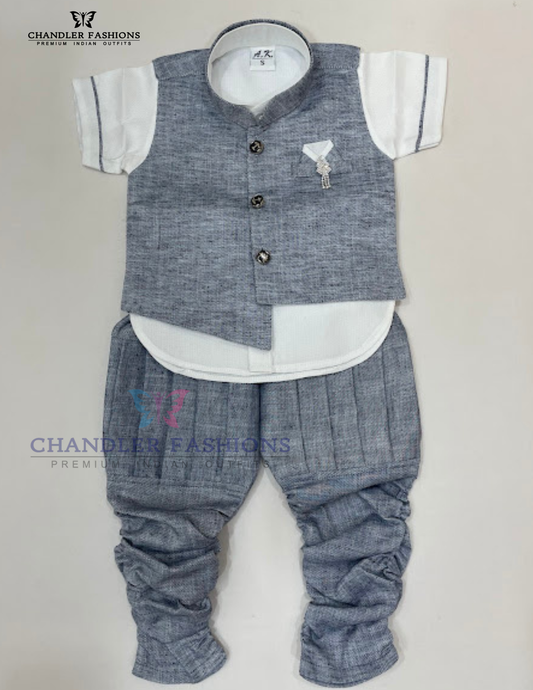 Beautiful Gray Color Cotton Sherwani Suits With Brooch Pin For Boys
