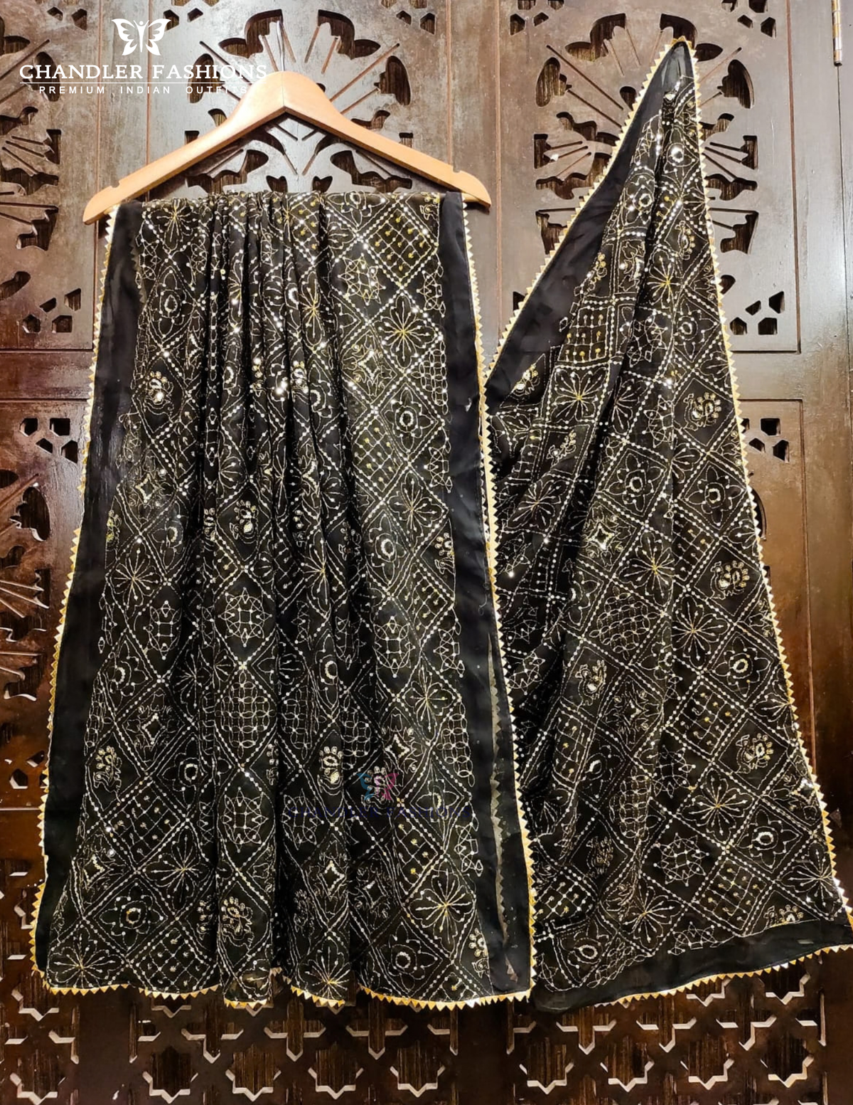 Attractive Black Color Georgette With Printed And Zari Work Dupatta For Women