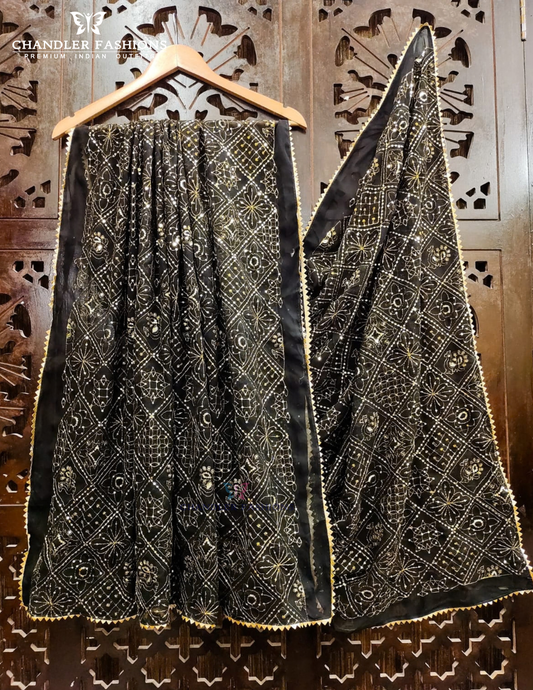 Attractive Black Color Georgette With Printed And Zari Work Dupatta For Women
