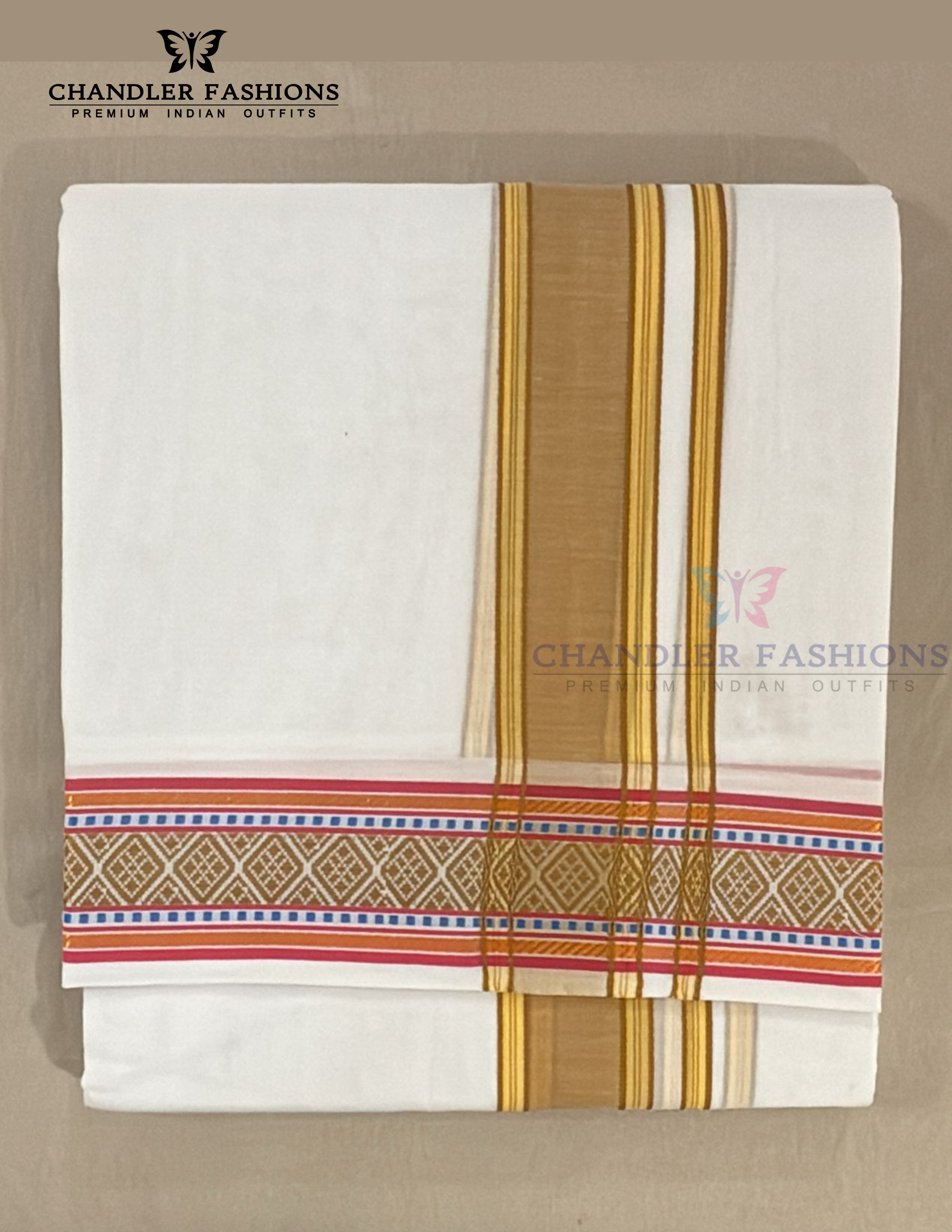 Beautiful Men's White Pure Cotton With Brown Color Border Dhoti