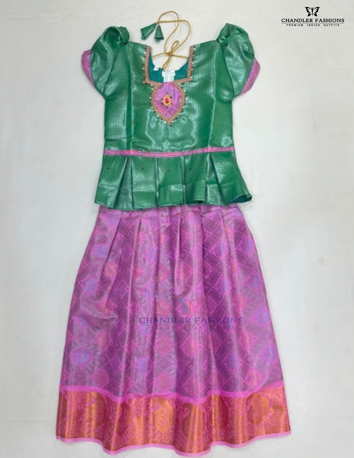 Amazing Green And Pink Color Art Silk Langa Set With Designer Zari Work For Girls