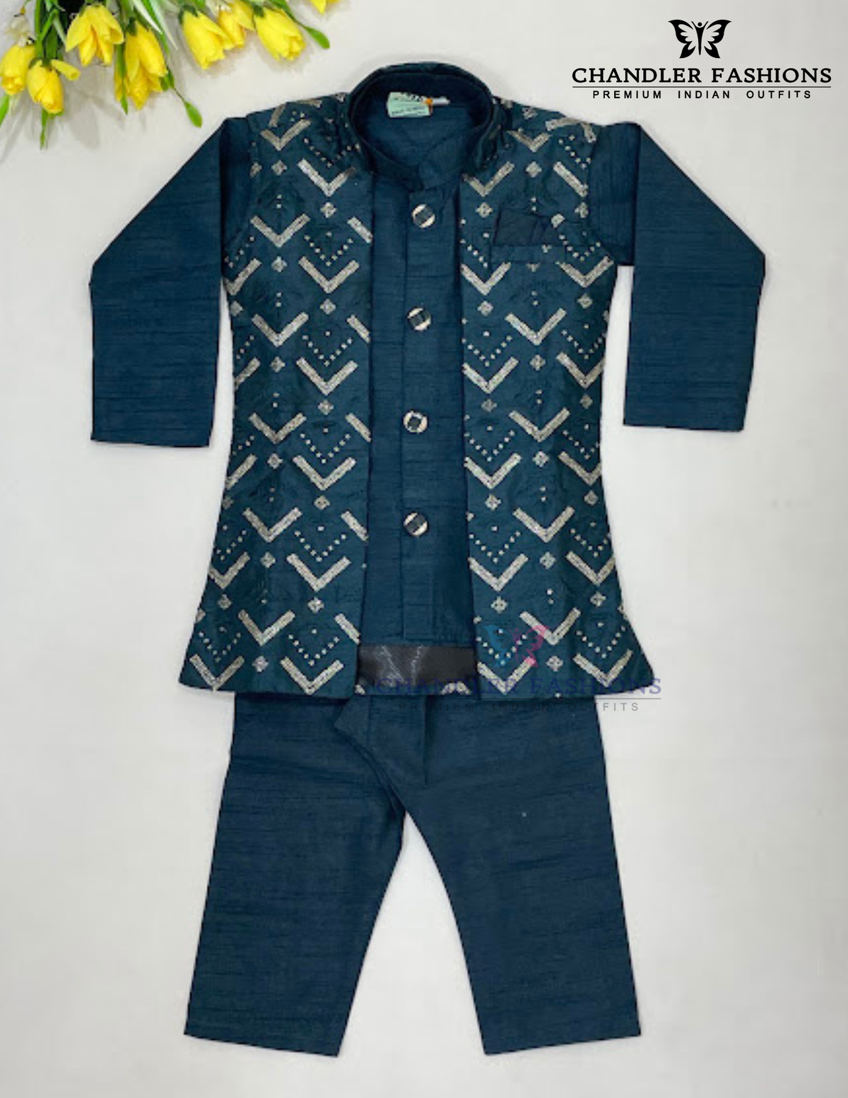 Amazing Dark Green Color Silk Cotton Sherwani With Embroidery Work For Boys