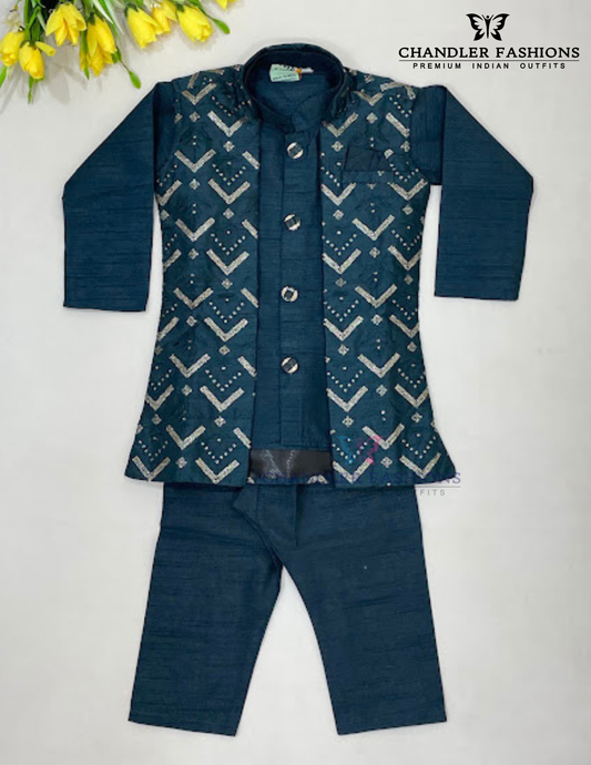 Amazing Dark Green Color Silk Cotton Sherwani With Embroidery Work For Boys