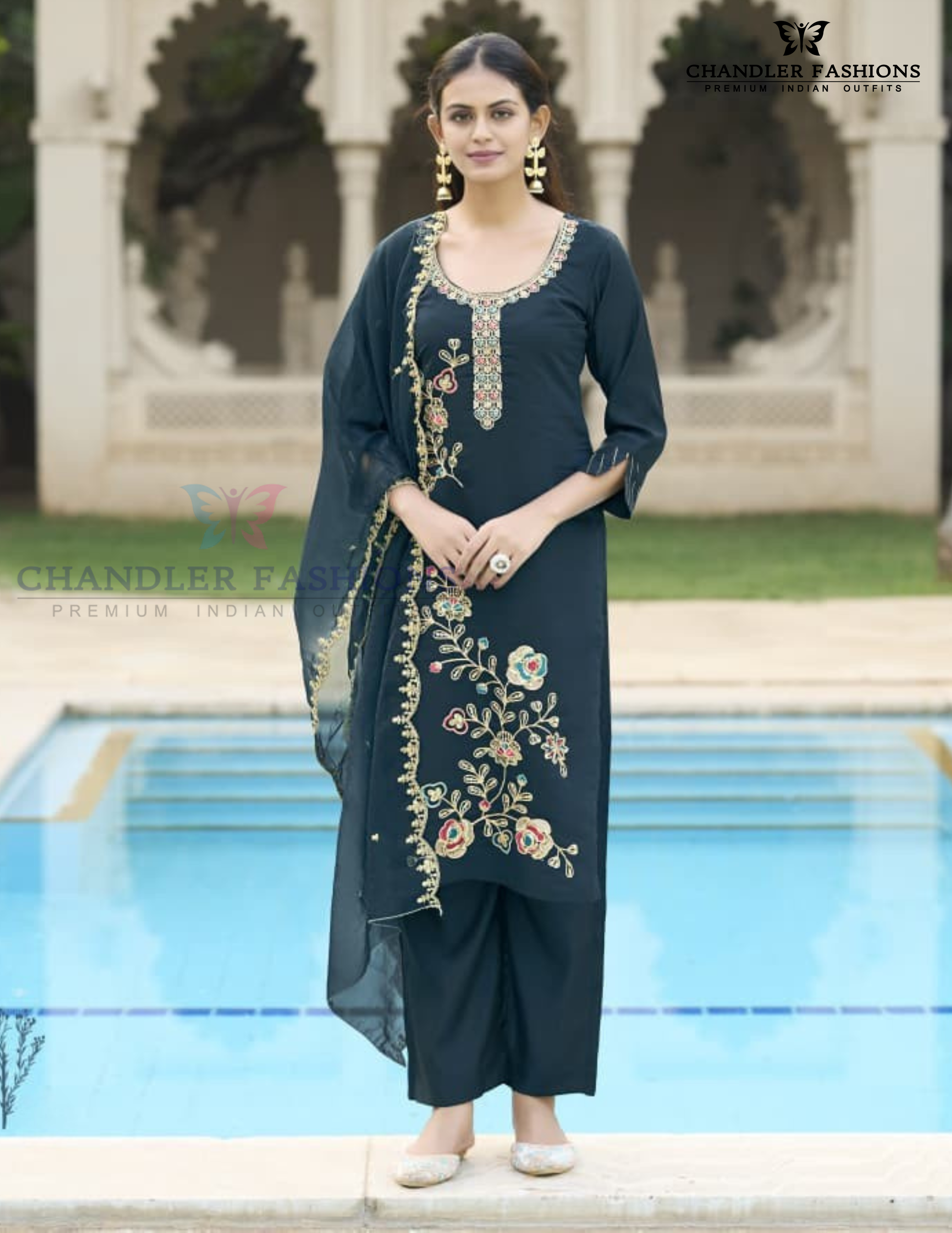 Attractive Teal Blue Color Rayon With Sequins And Thread Work Salwar Suits With Dupatta