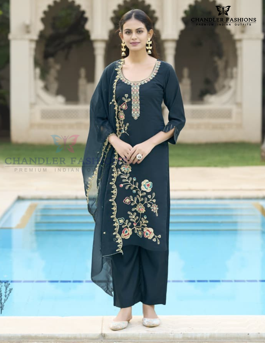 Attractive Teal Blue Color Rayon With Sequins And Thread Work Salwar Suits With Dupatta
