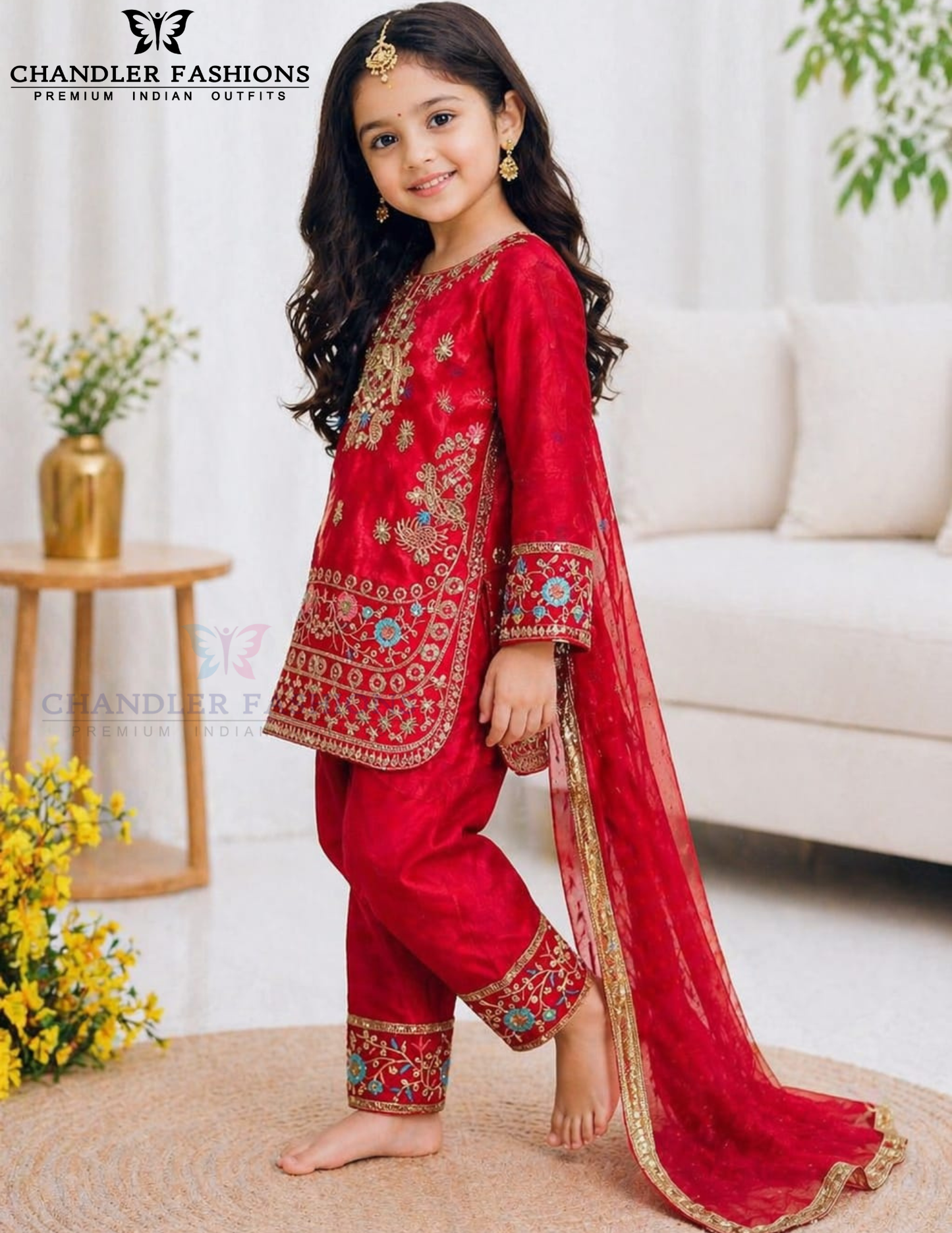 Red Color Embroidery Work Palazzo Suits In Mesa