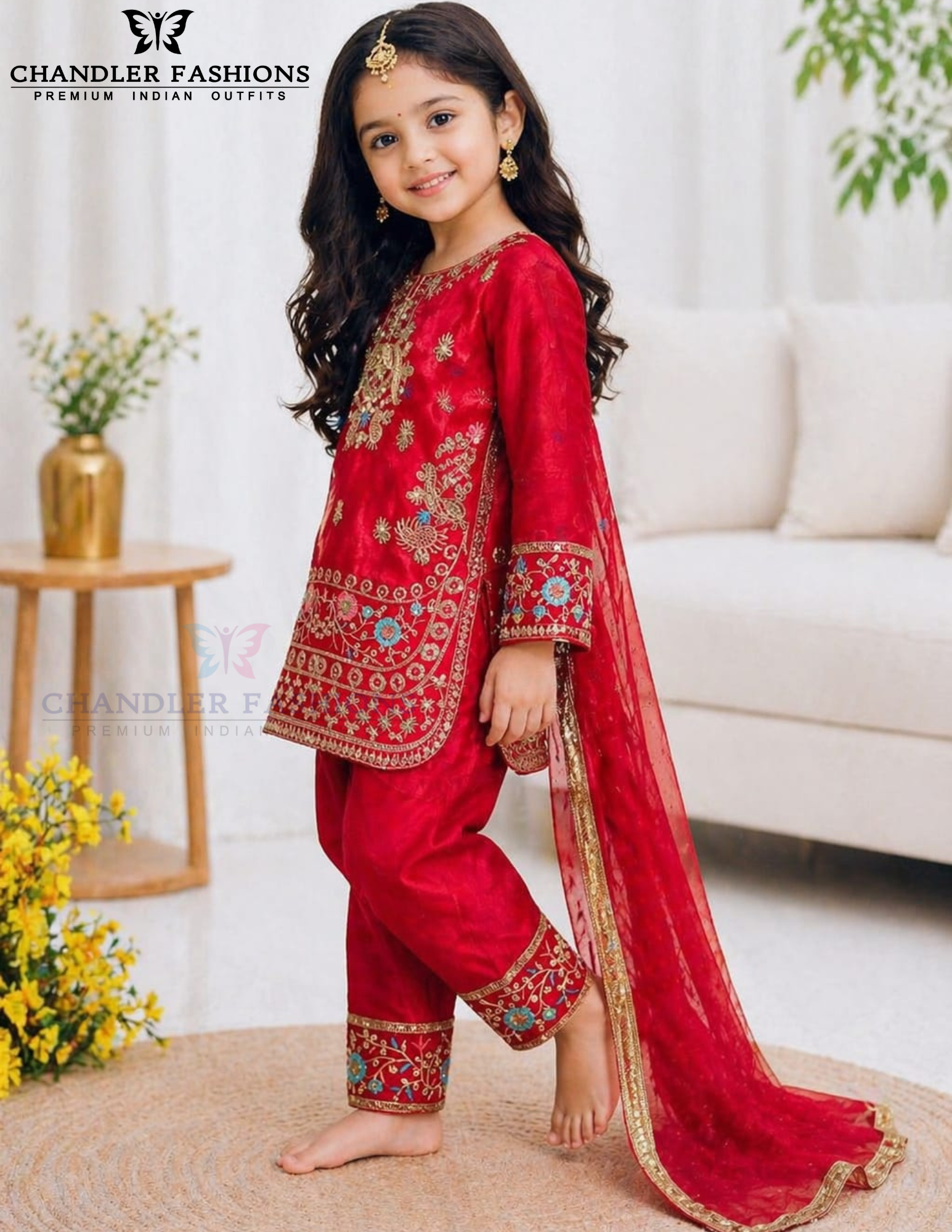 Red Color Embroidery Work Palazzo Suits In Mesa