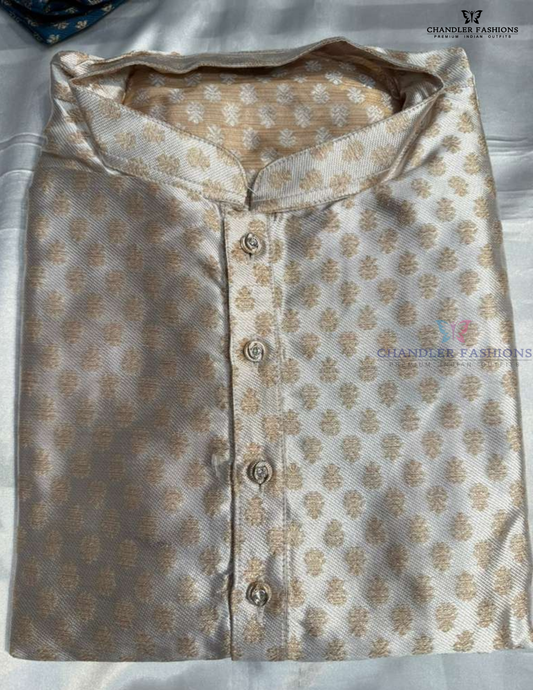 Attractive Light Gray Color Jacquard With Printed Work Kurta Suits For Men